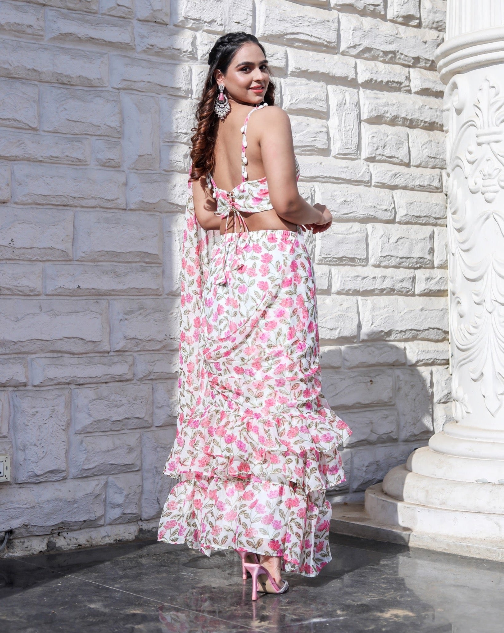 Flora Pink Printed Ruffle Saree