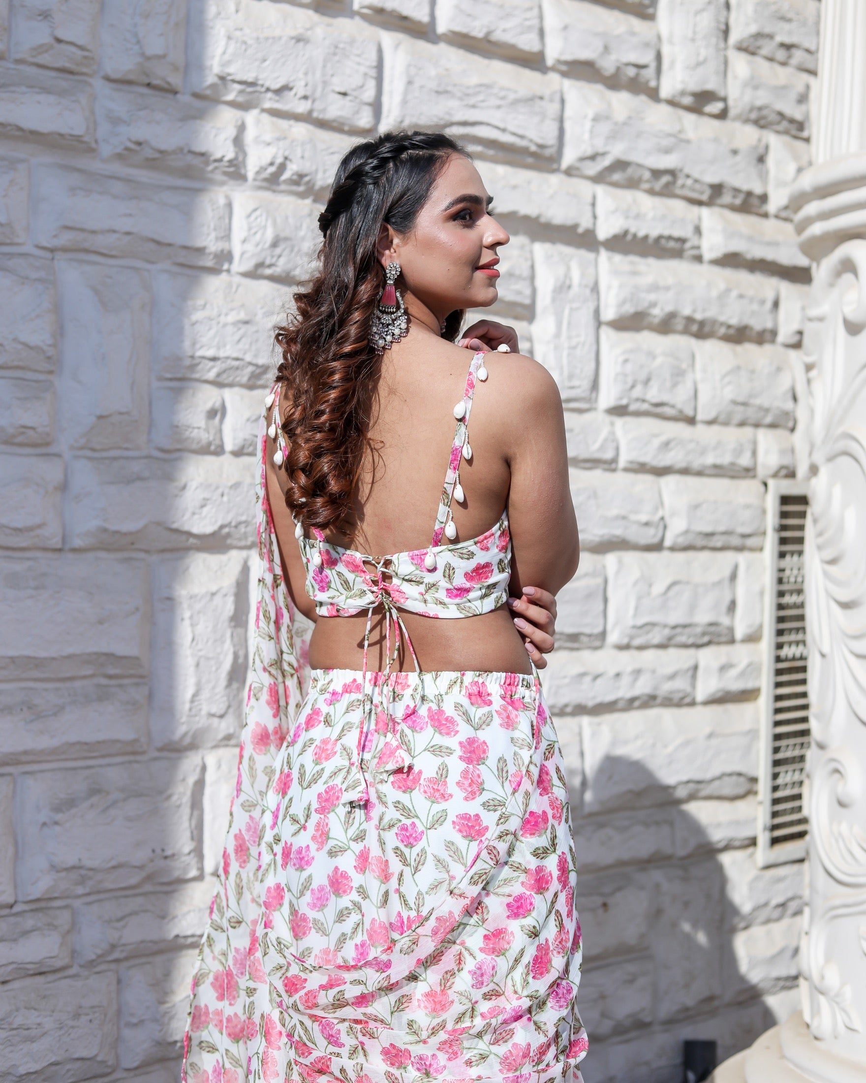 Flora Pink Printed Ruffle Saree