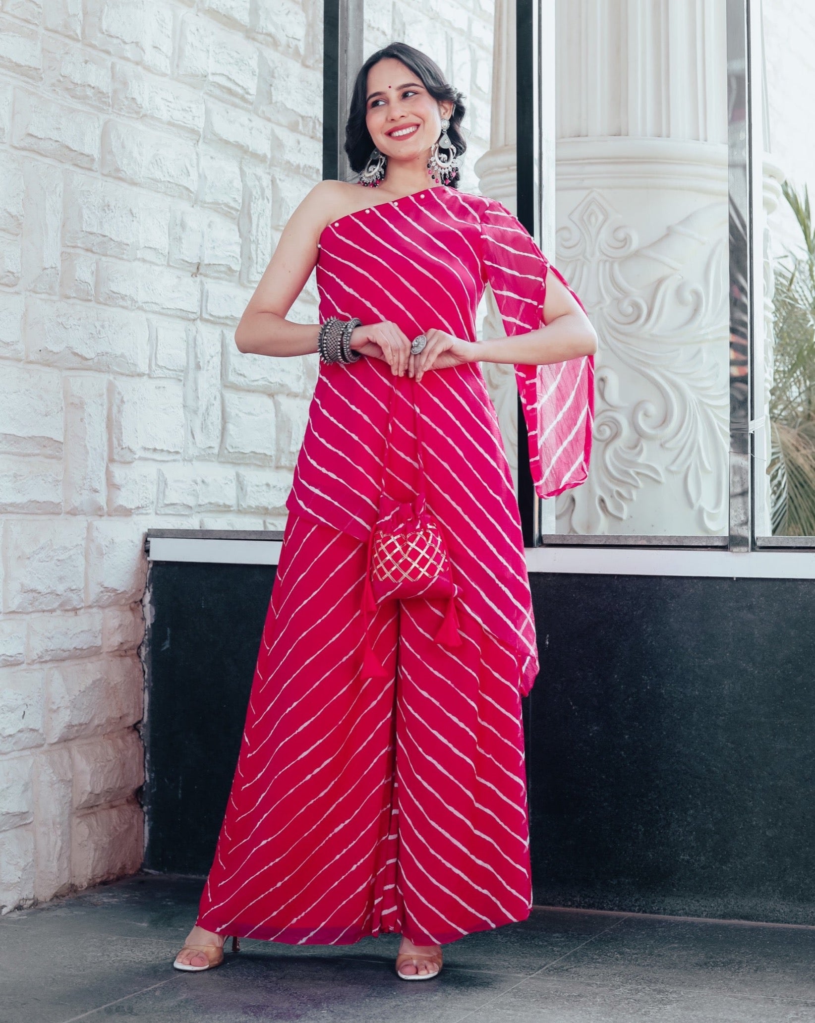 Elia Pink One Shoulder Womens Kurta Set