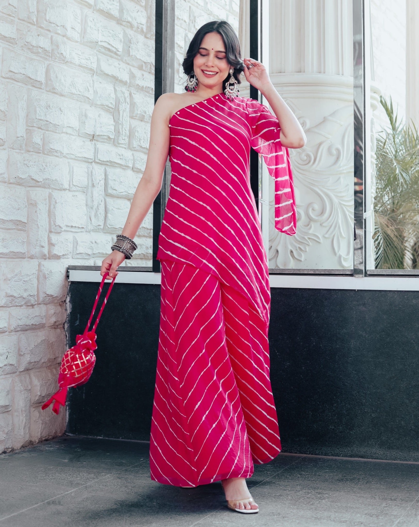 Elia Pink One Shoulder Womens Kurta Set