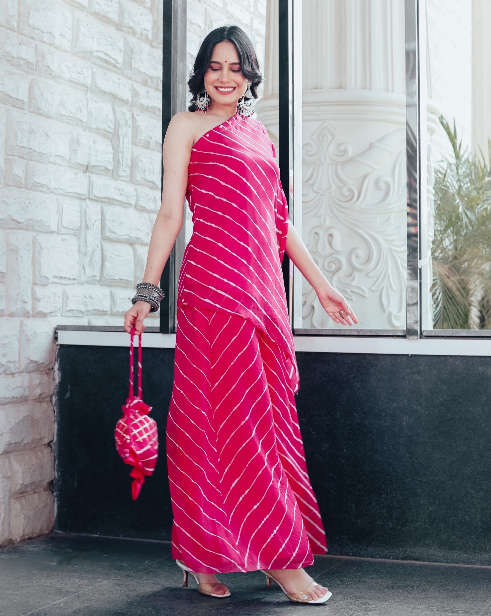 Elia Pink One Shoulder Womens Kurta Set