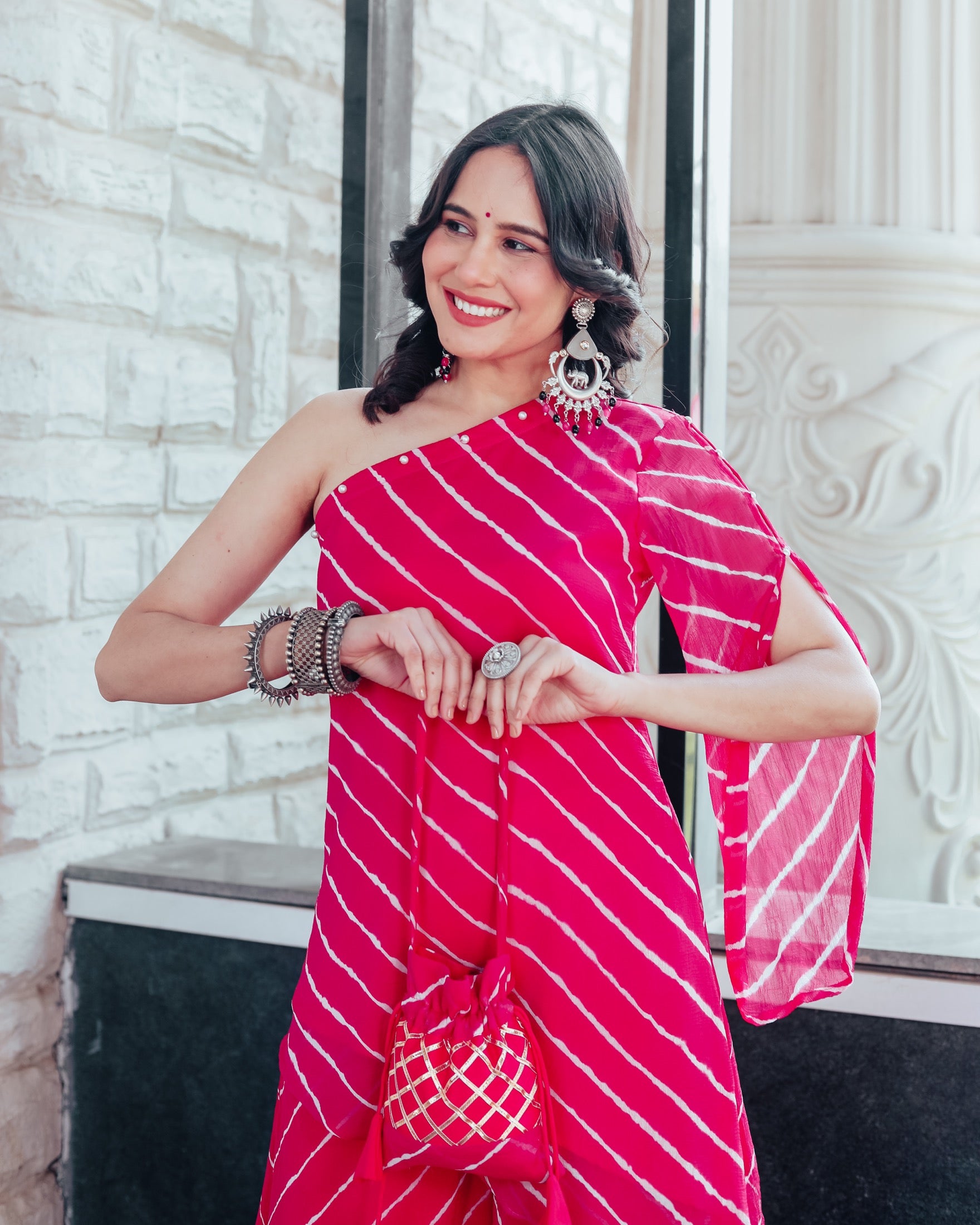 Elia Pink One Shoulder Womens Kurta Set