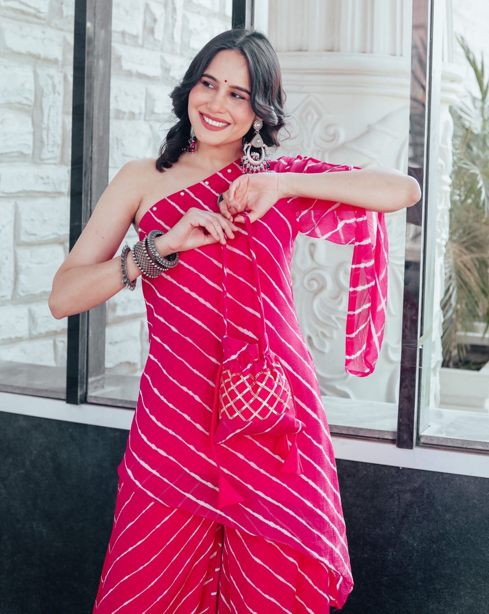 Elia Pink One Shoulder Womens Kurta Set