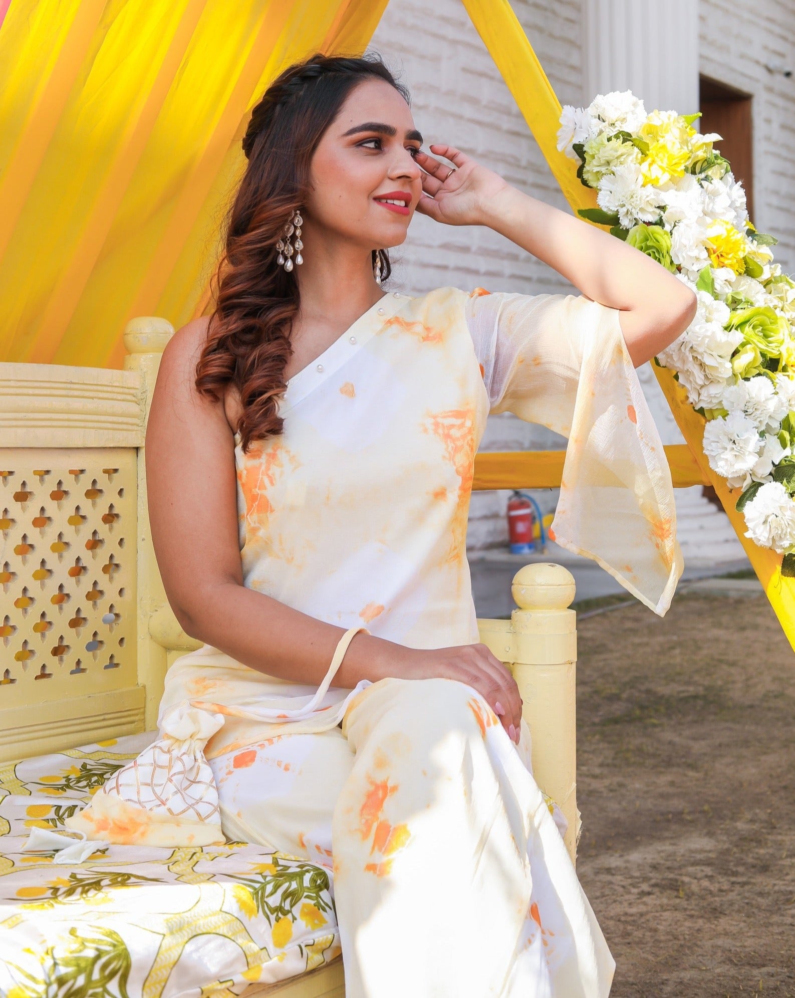 Tulip Yellow One Shoulder Womens Kurta Set