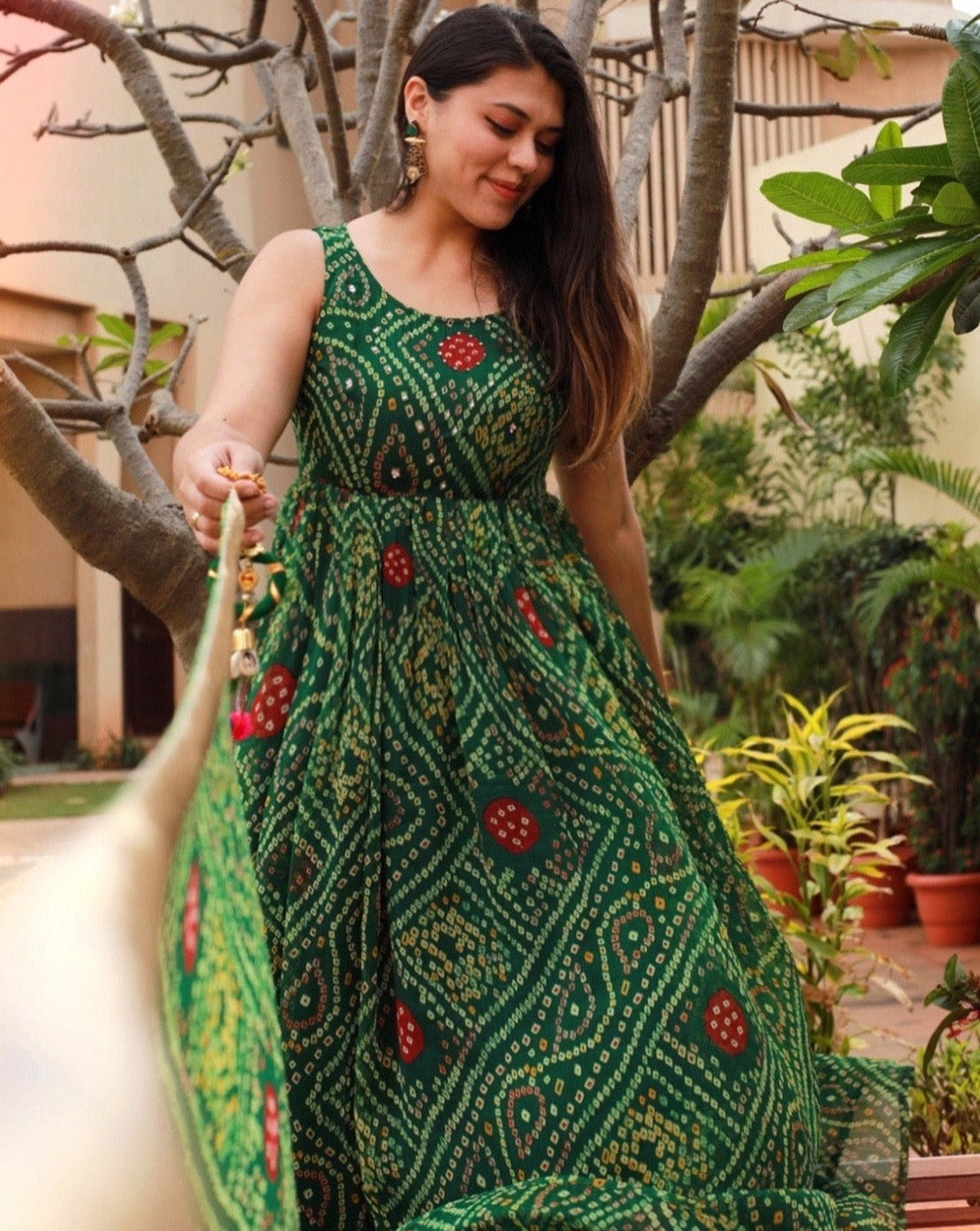Garden Green Bandhej Dress With Dupatta
