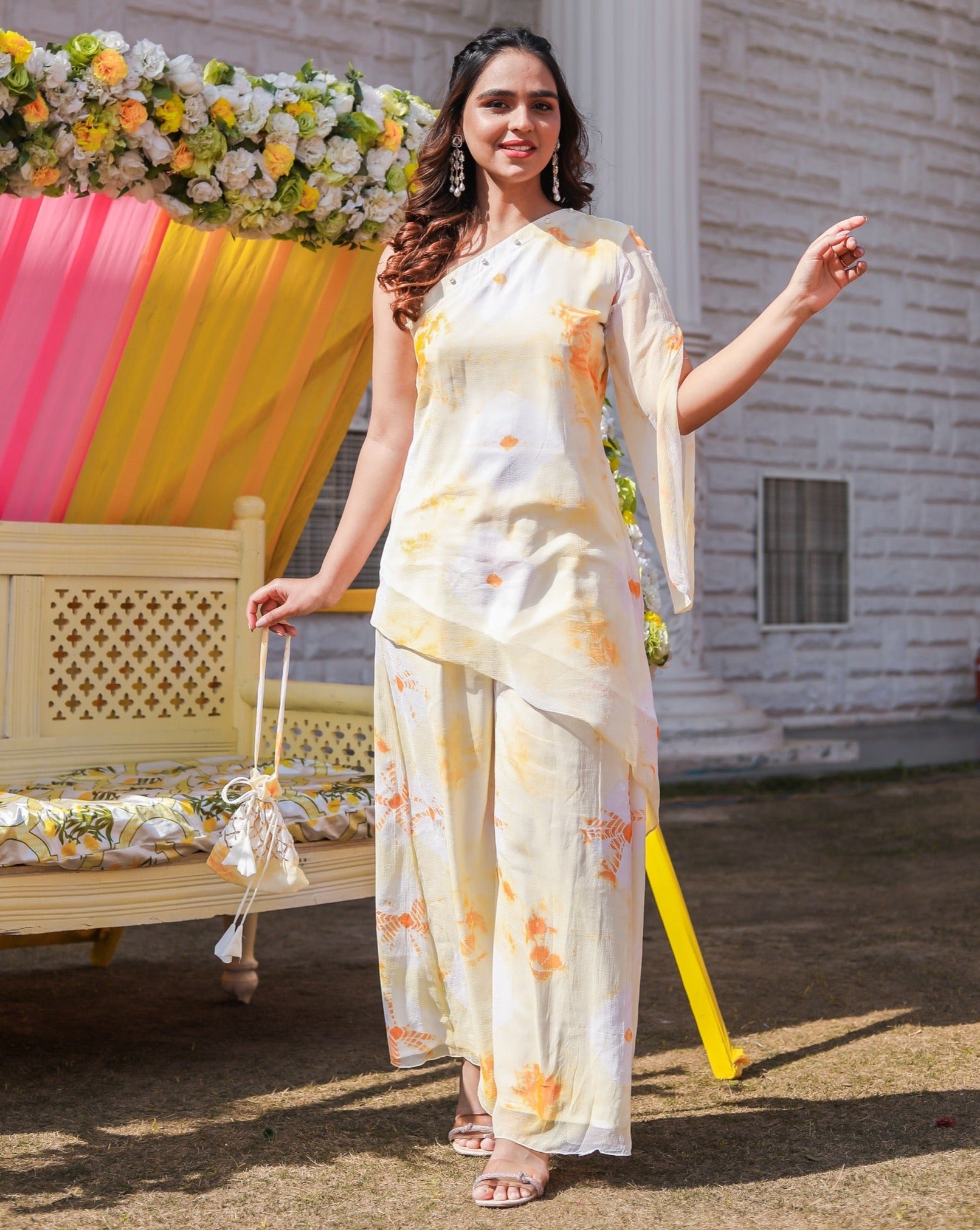Tulip Yellow One Shoulder Womens Kurta Set