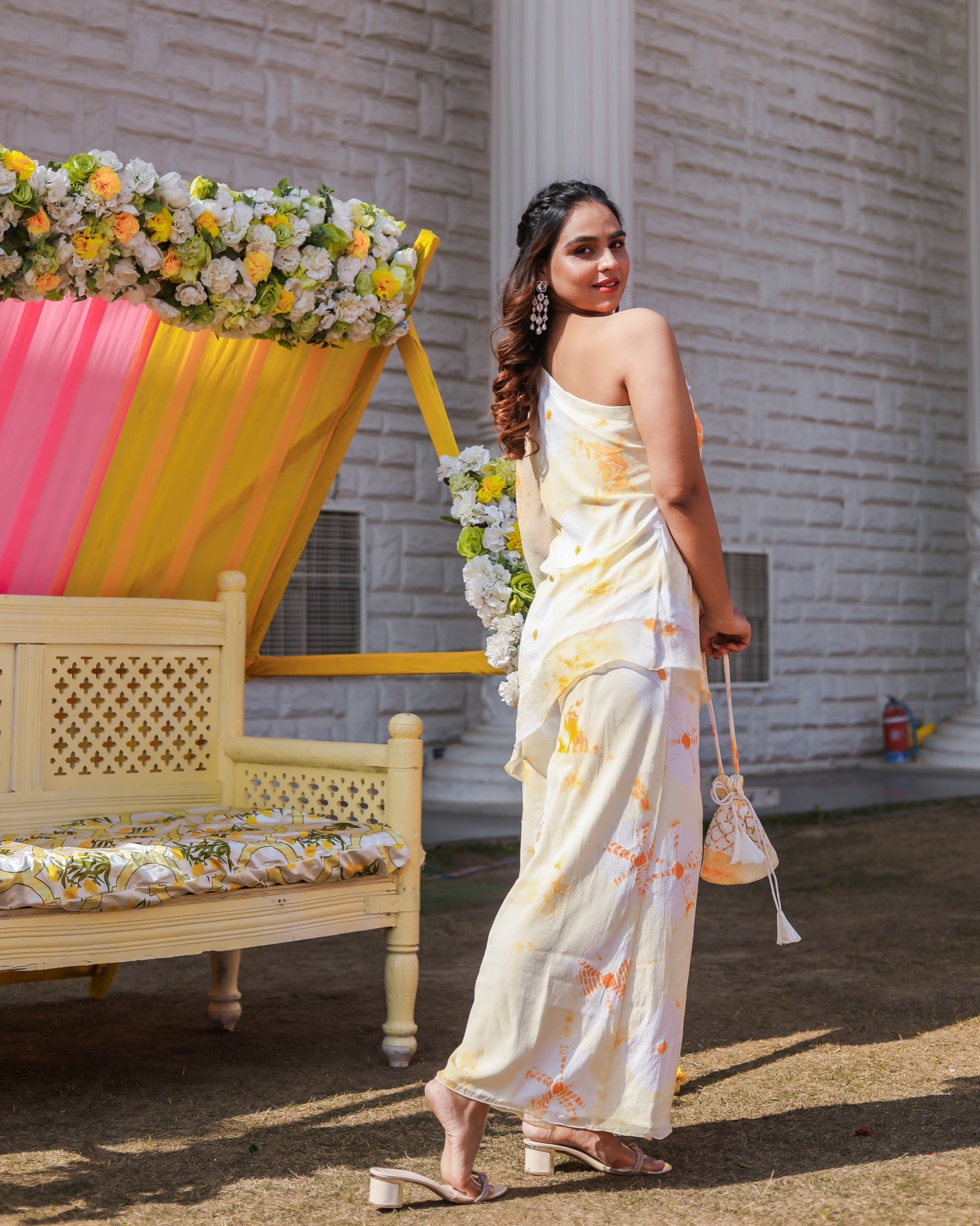 Tulip Yellow One Shoulder Womens Kurta Set