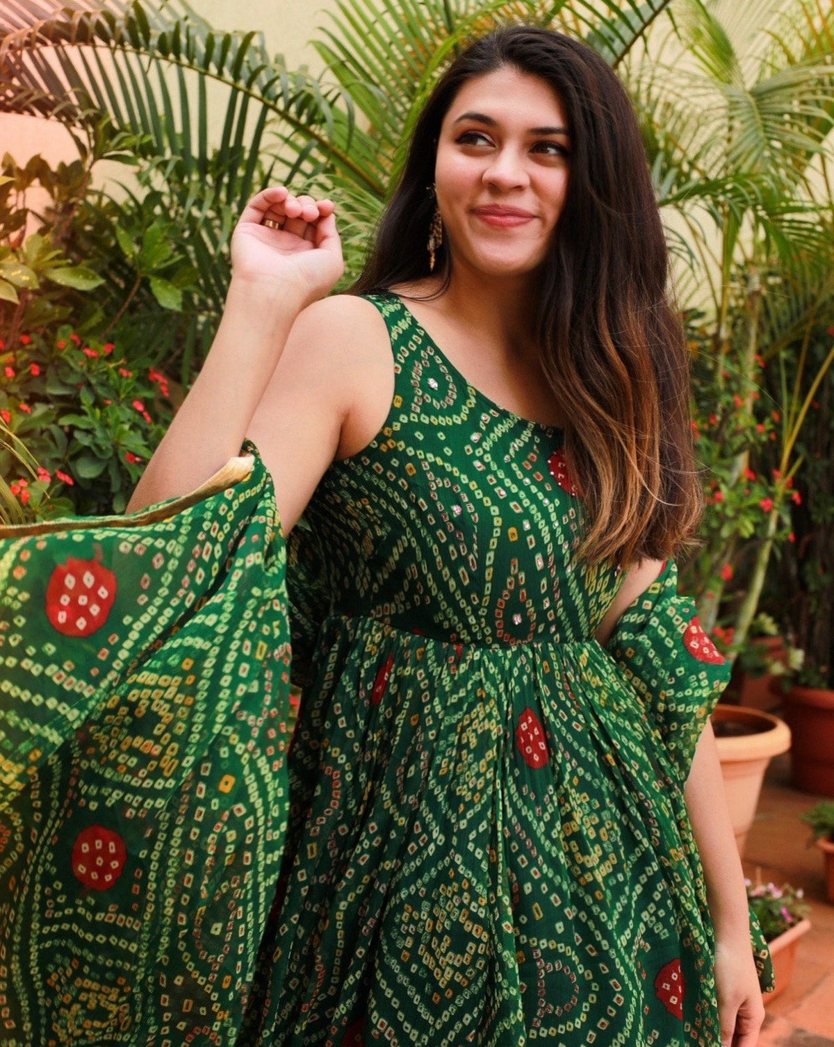 Garden Green Bandhej Dress With Dupatta