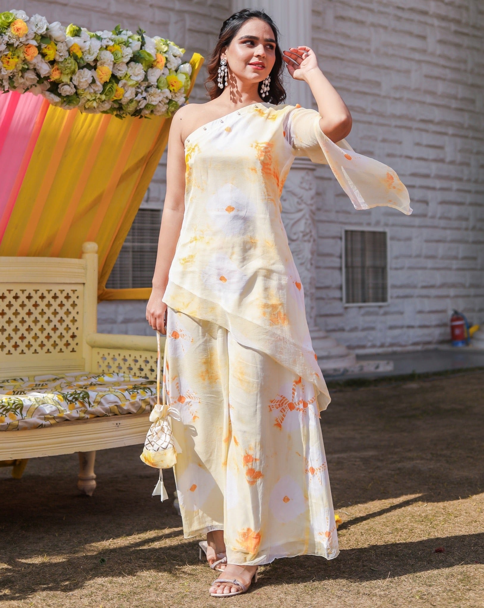 Tulip Yellow One Shoulder Womens Kurta Set