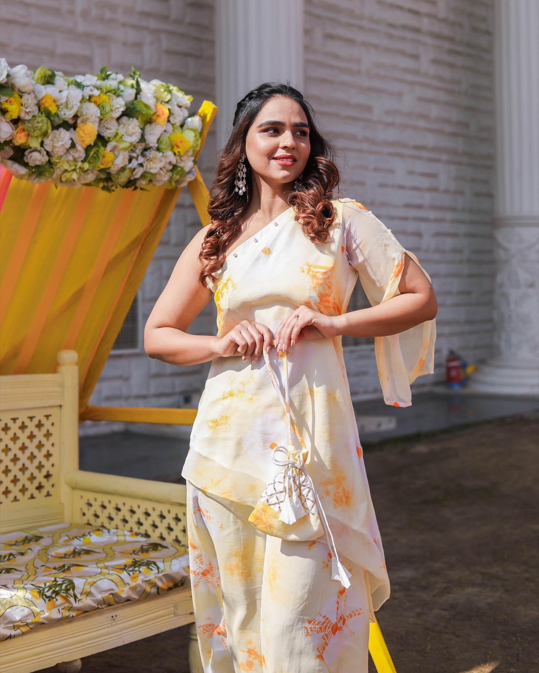 Tulip Yellow One Shoulder Womens Kurta Set