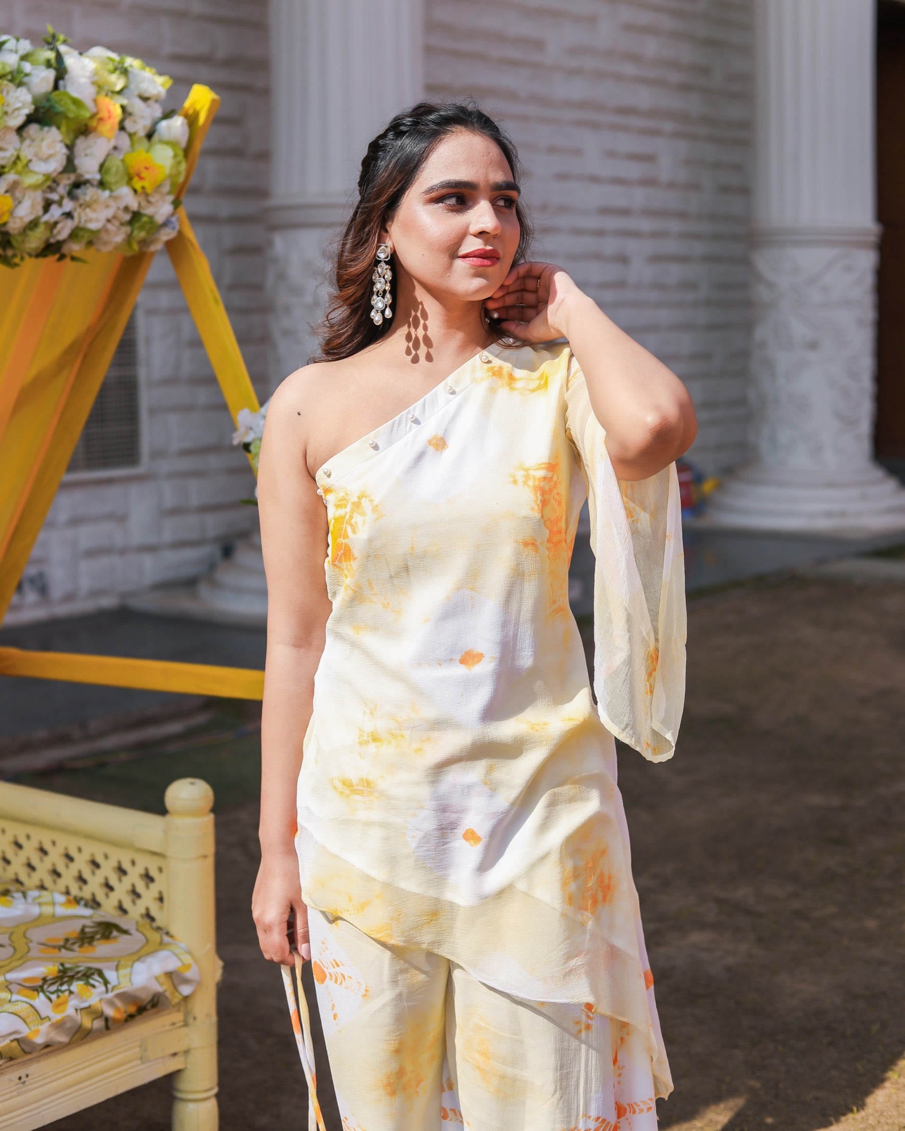 Tulip Yellow One Shoulder Womens Kurta Set