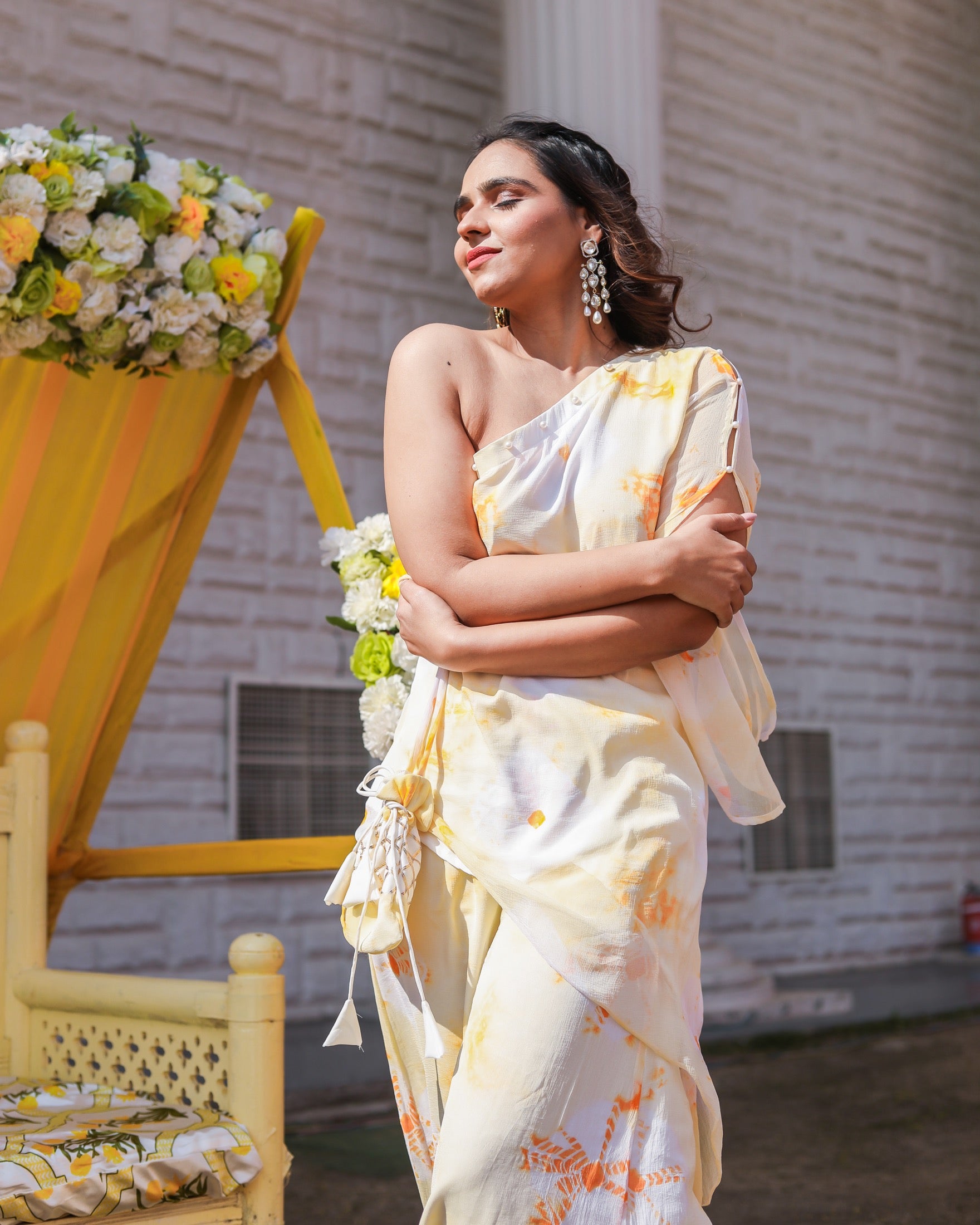 Tulip Yellow One Shoulder Womens Kurta Set