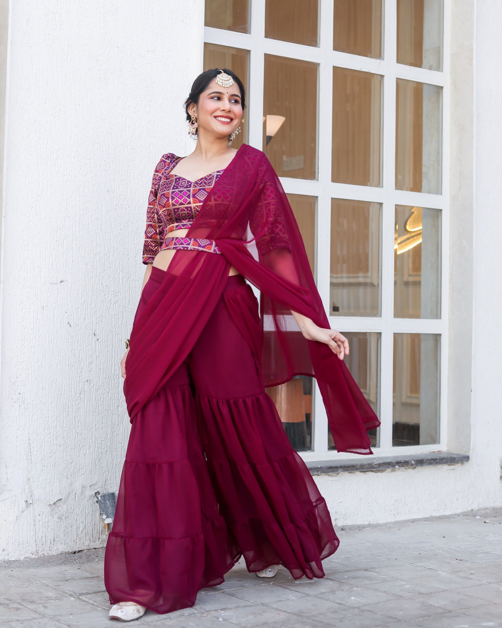 Canna Wine Draped Saree Set