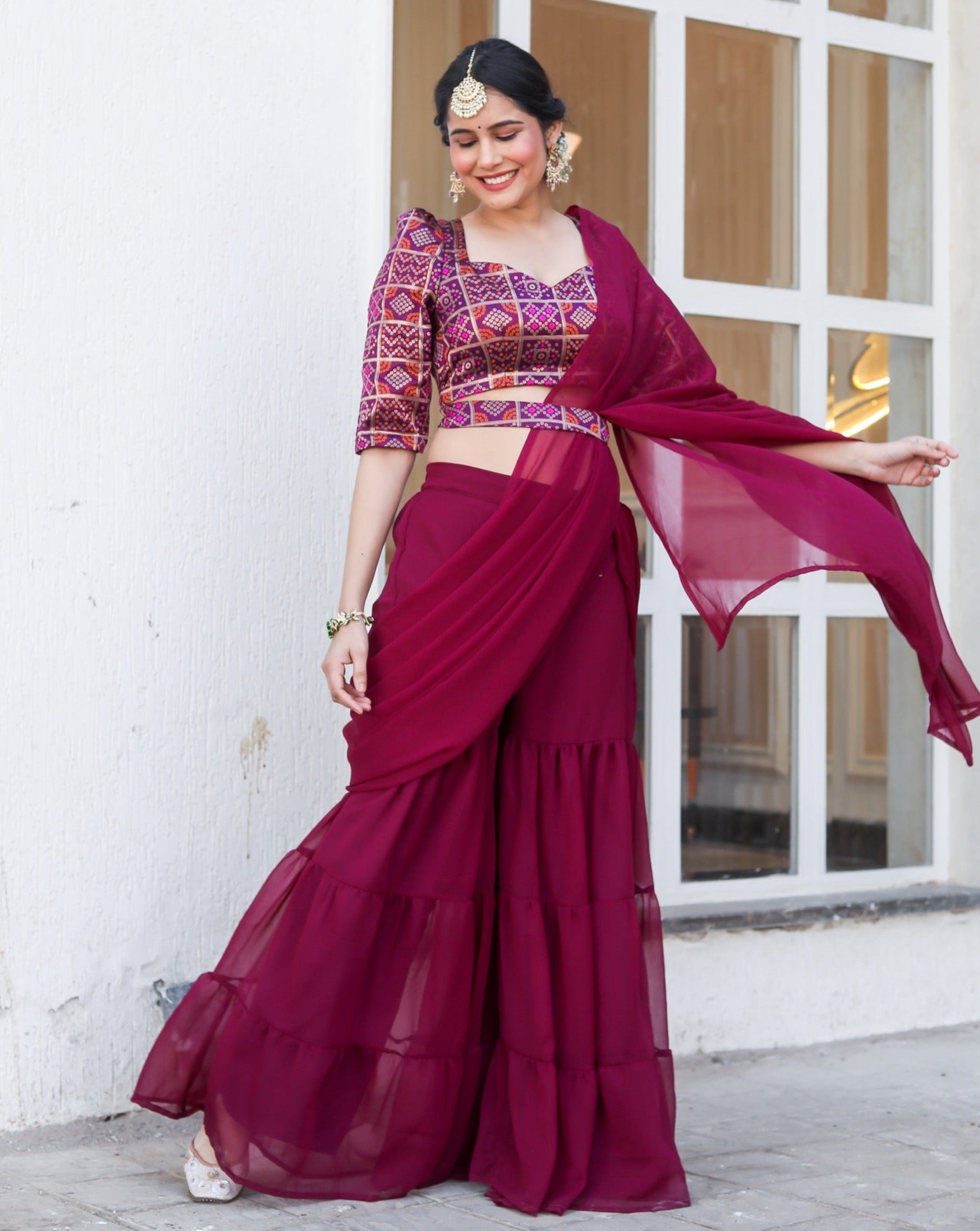 Canna Wine Draped Saree Set