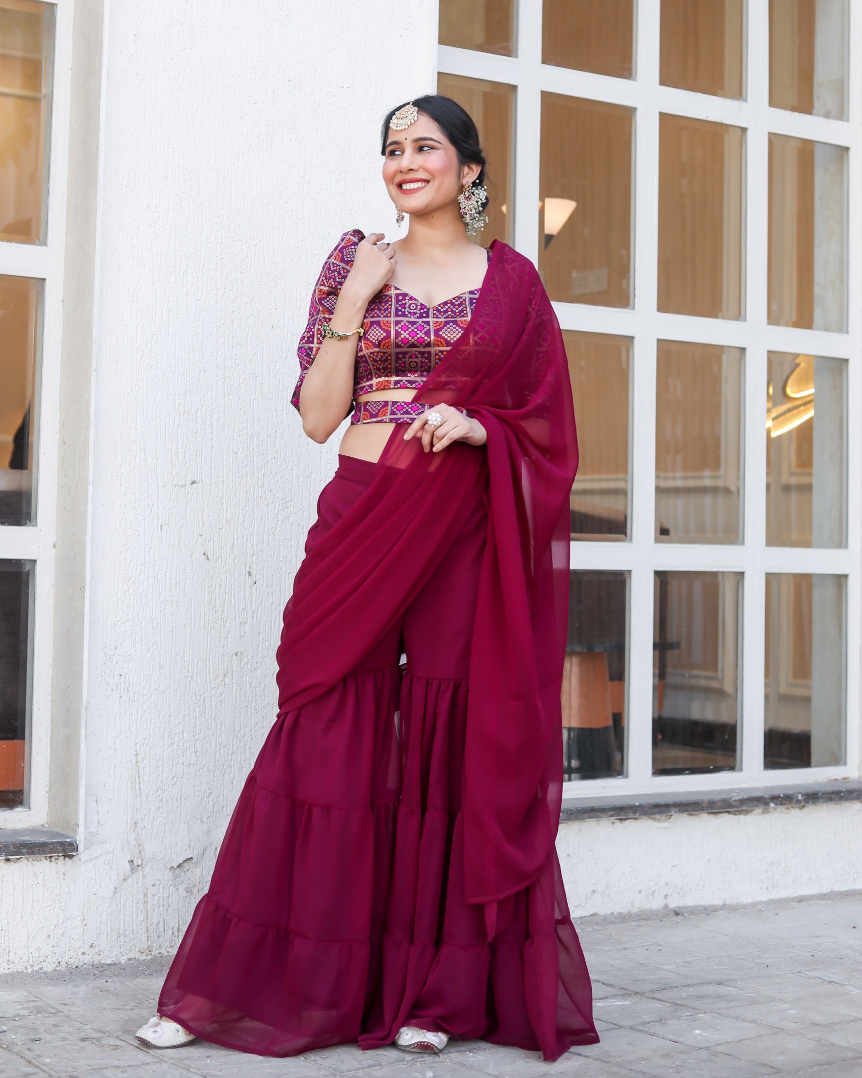 Canna Wine Draped Saree Set