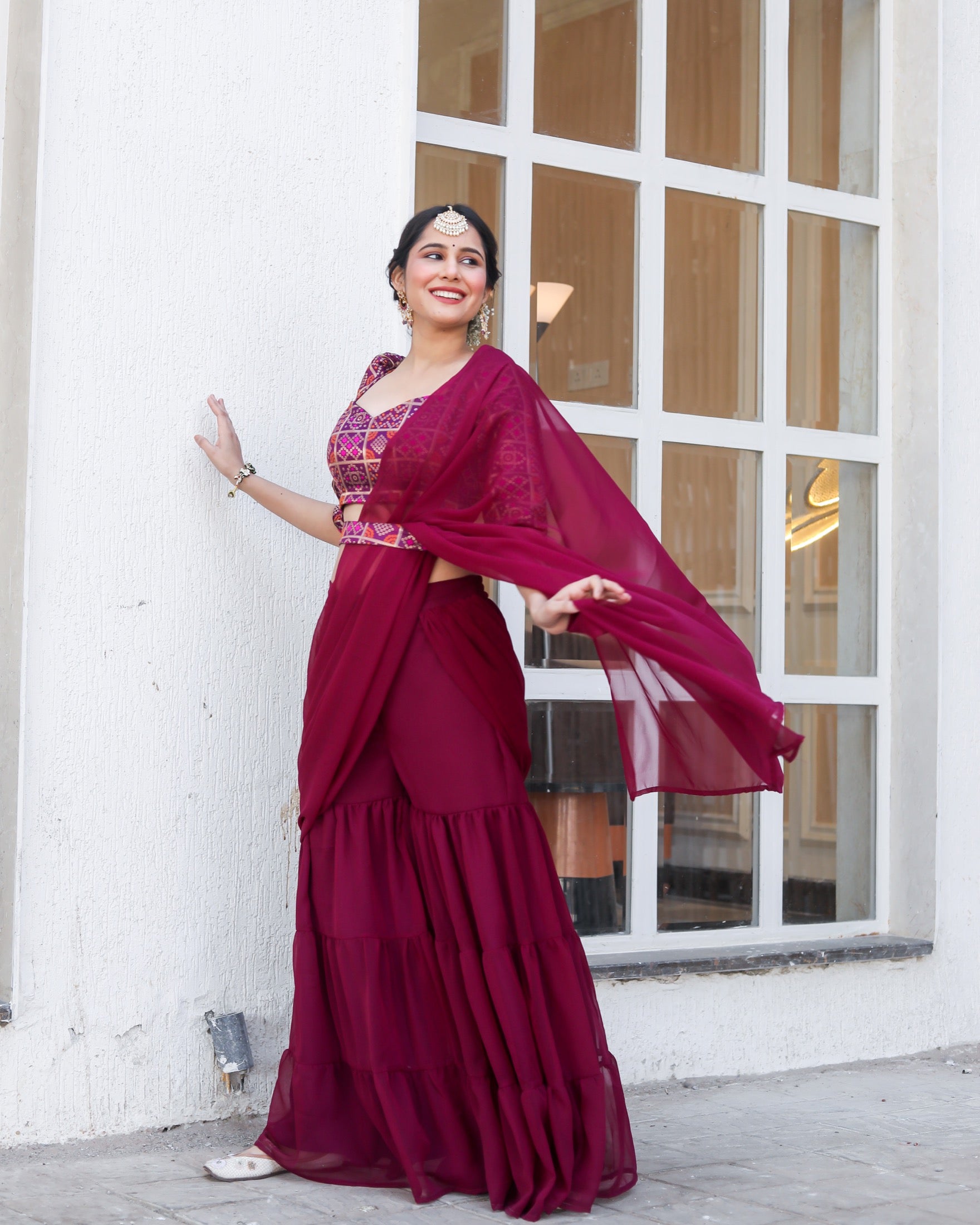 Canna Wine Draped Saree Set