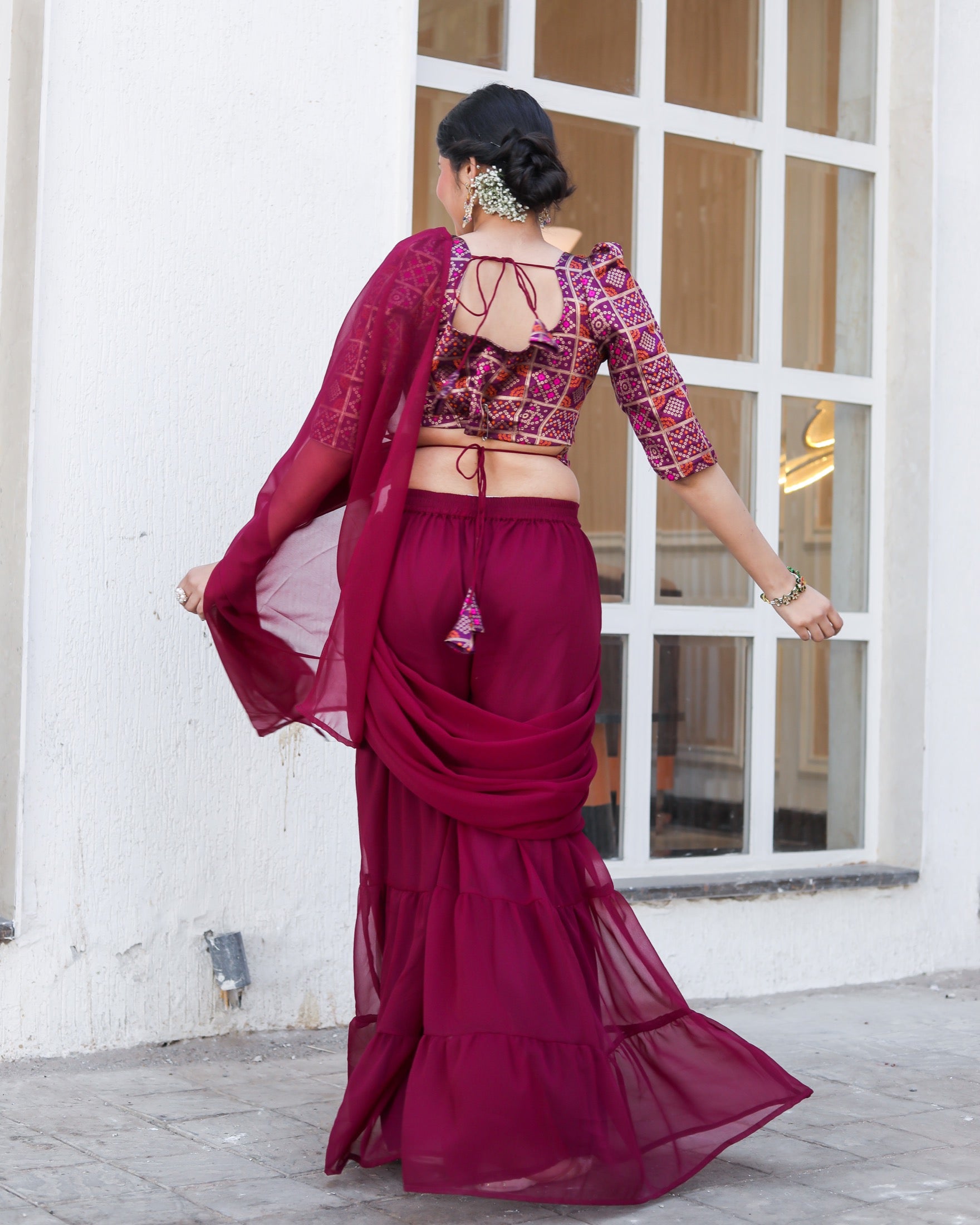 Canna Wine Draped Saree Set