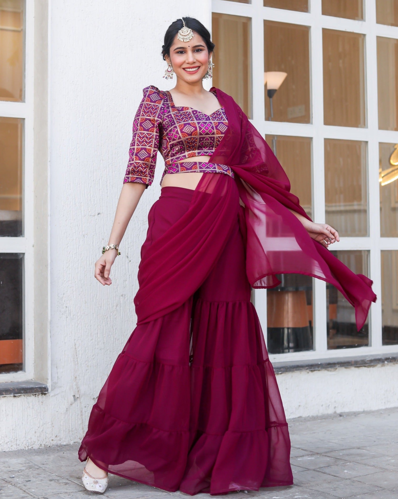 Canna Wine Draped Saree Set