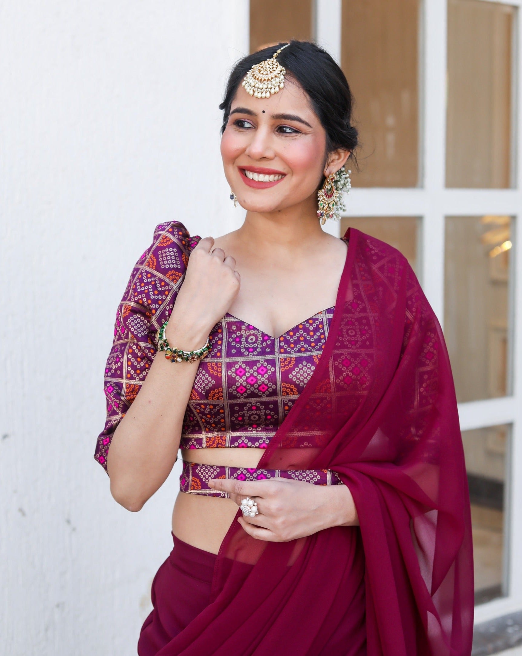 Canna Wine Draped Saree Set