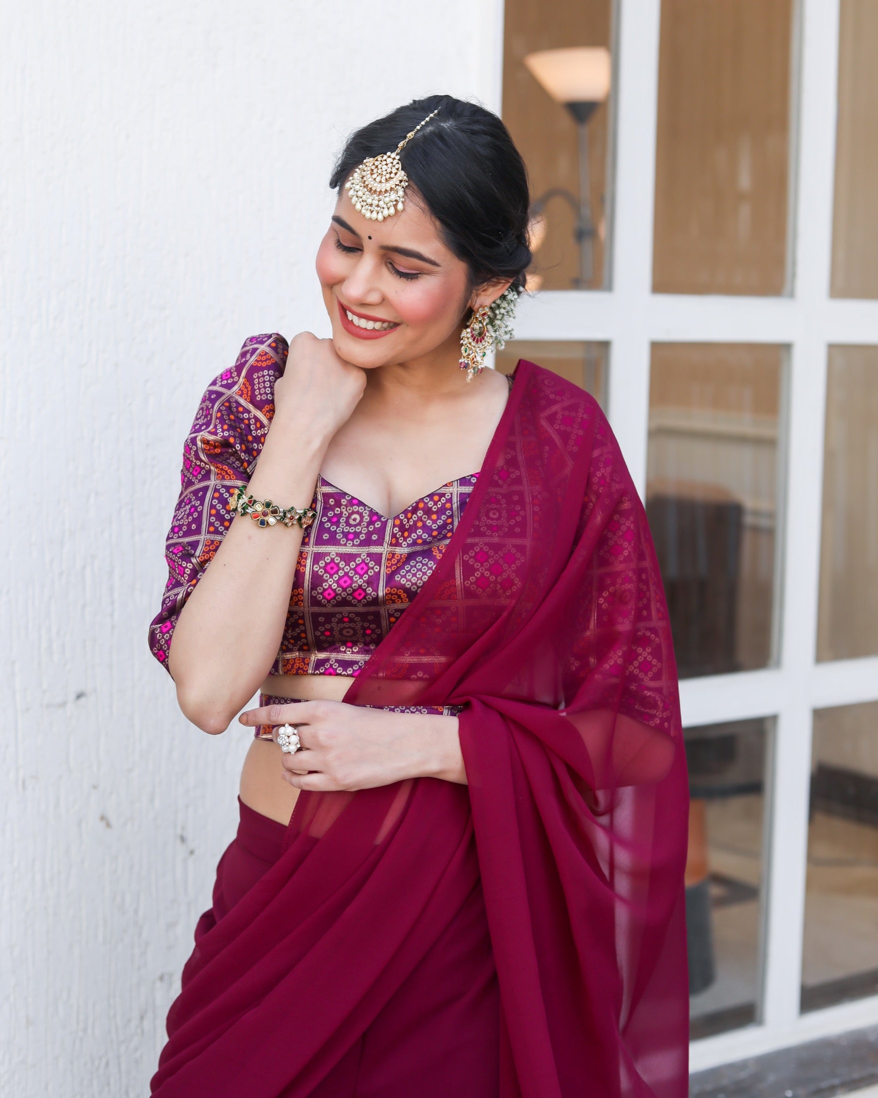 Canna Wine Draped Saree Set