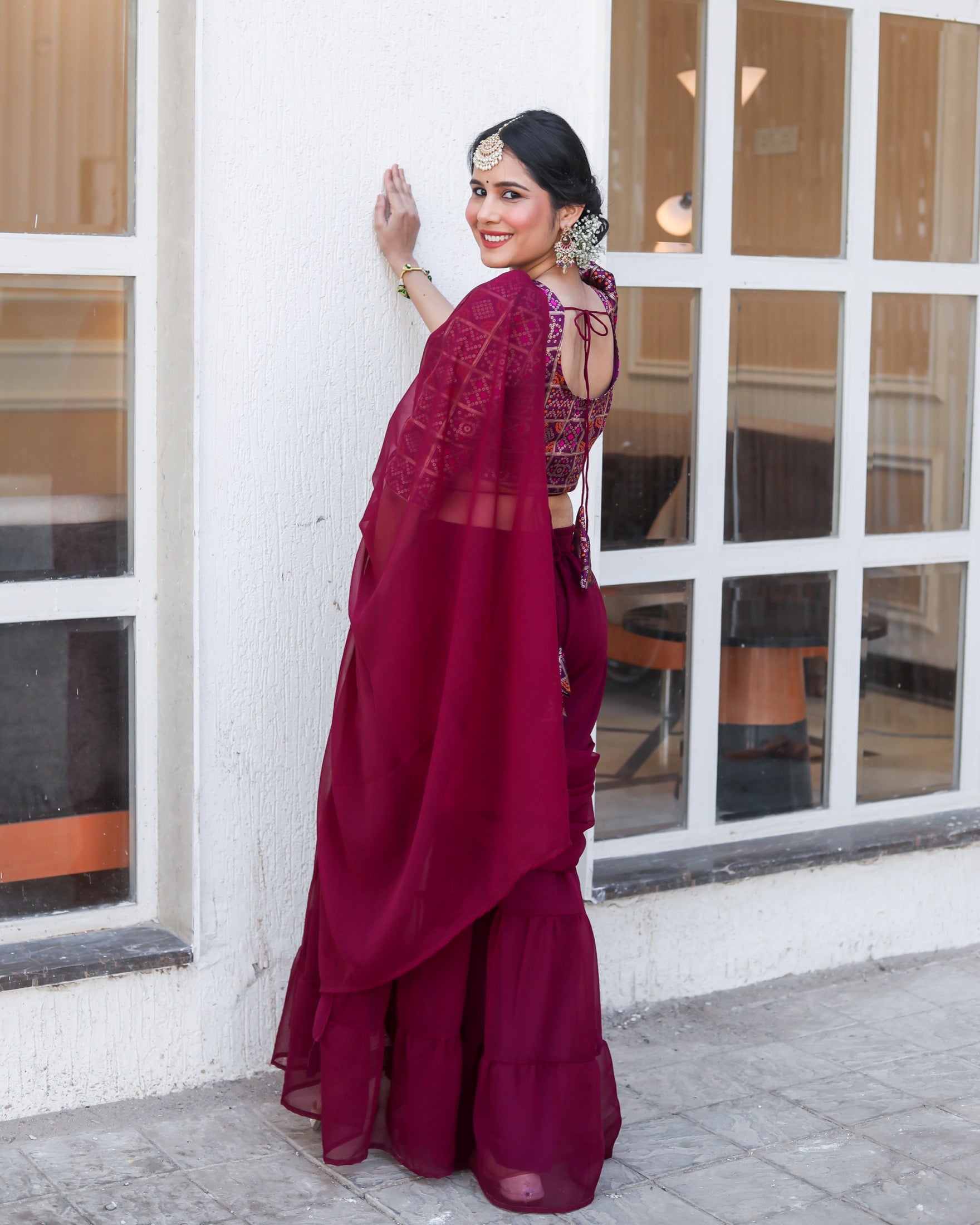 Canna Wine Draped Saree Set