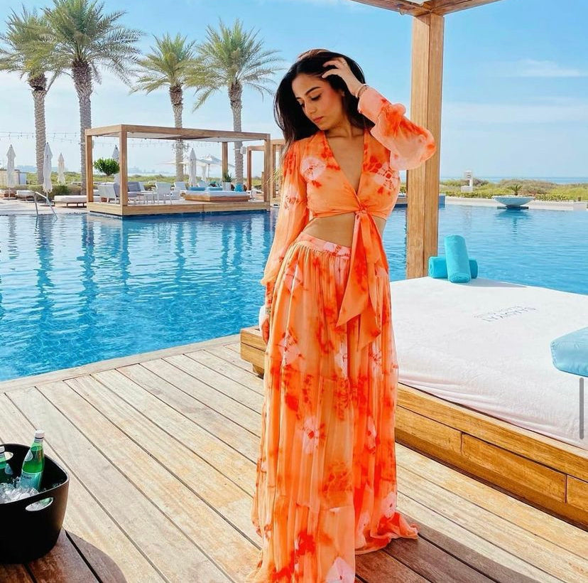 Maya Orange Crop Top and skirt Dress