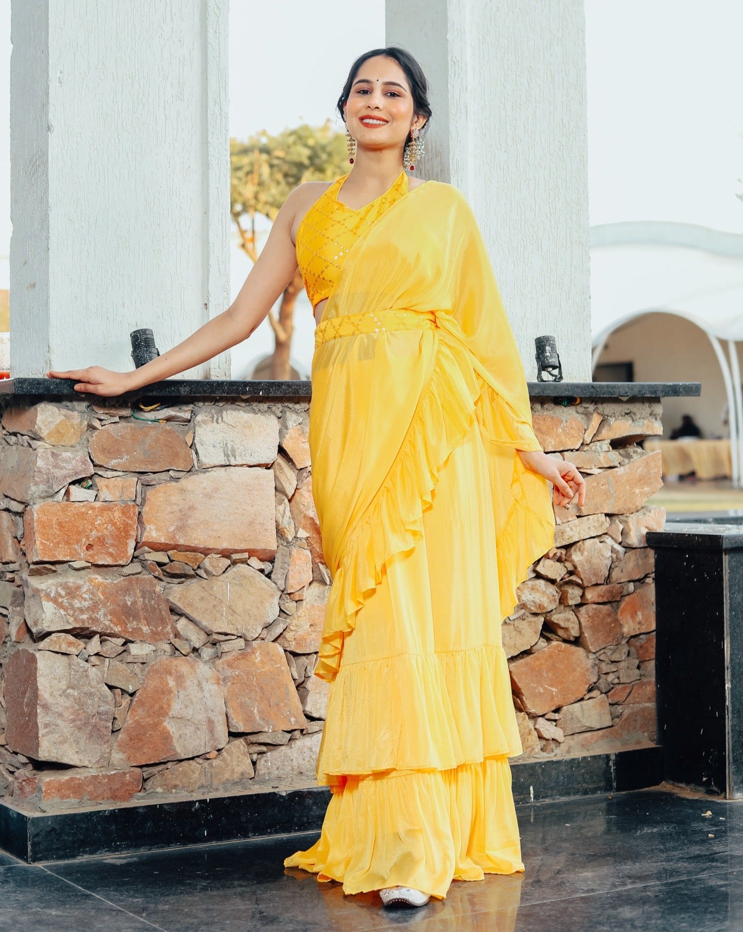 Shiny Yellow Ruffle Sharara Saree