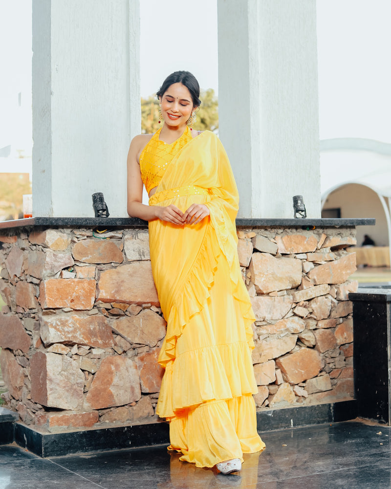 Shiny Yellow Ruffle Sharara Saree
