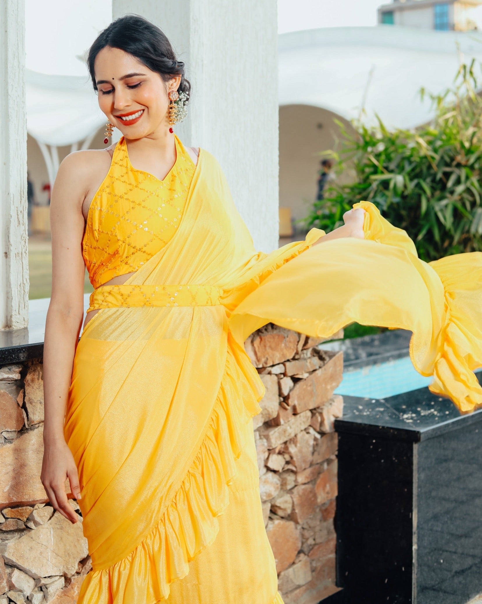 Shiny Yellow Ruffle Sharara Saree