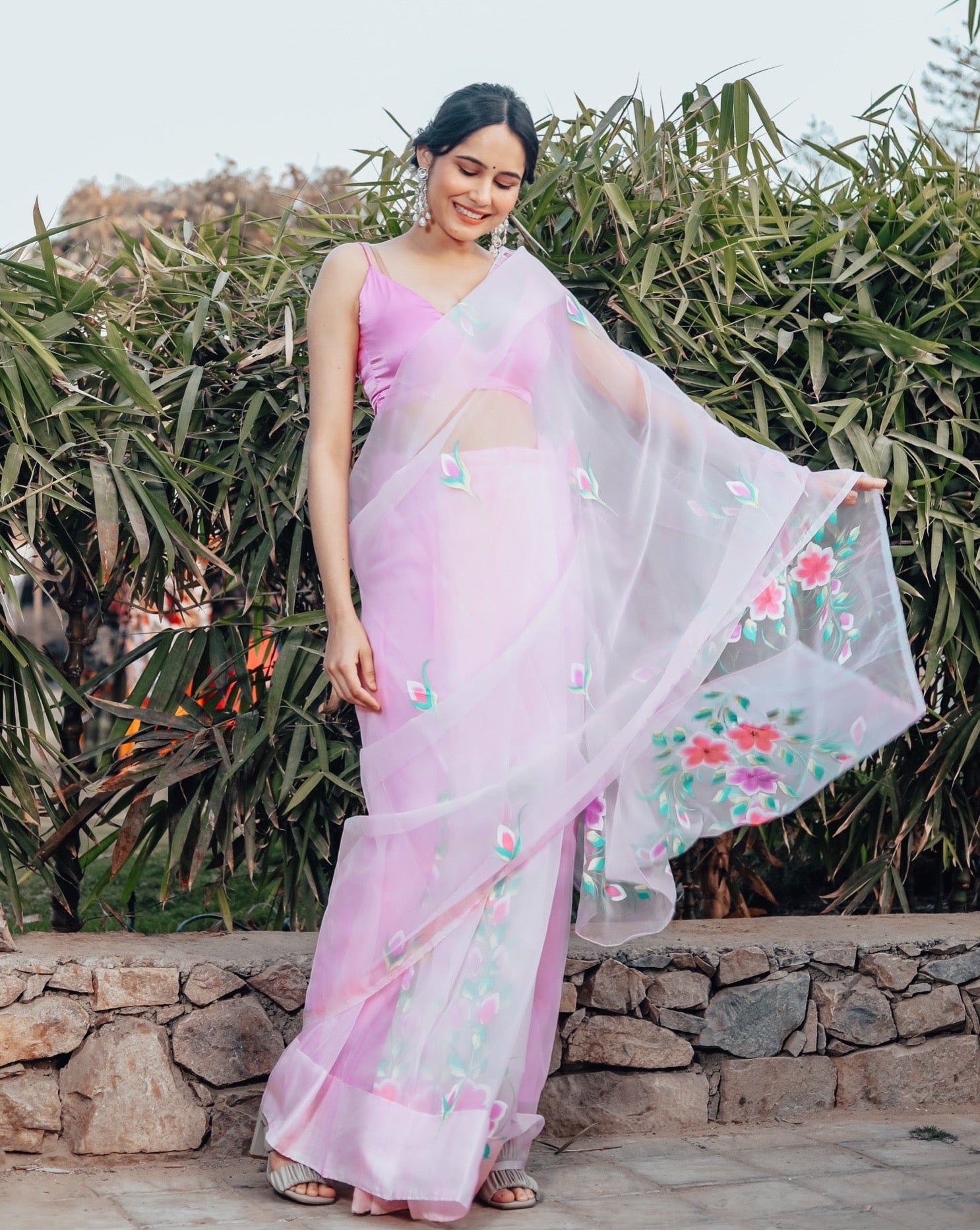 Eliana Pink Organza Handpainted Saree