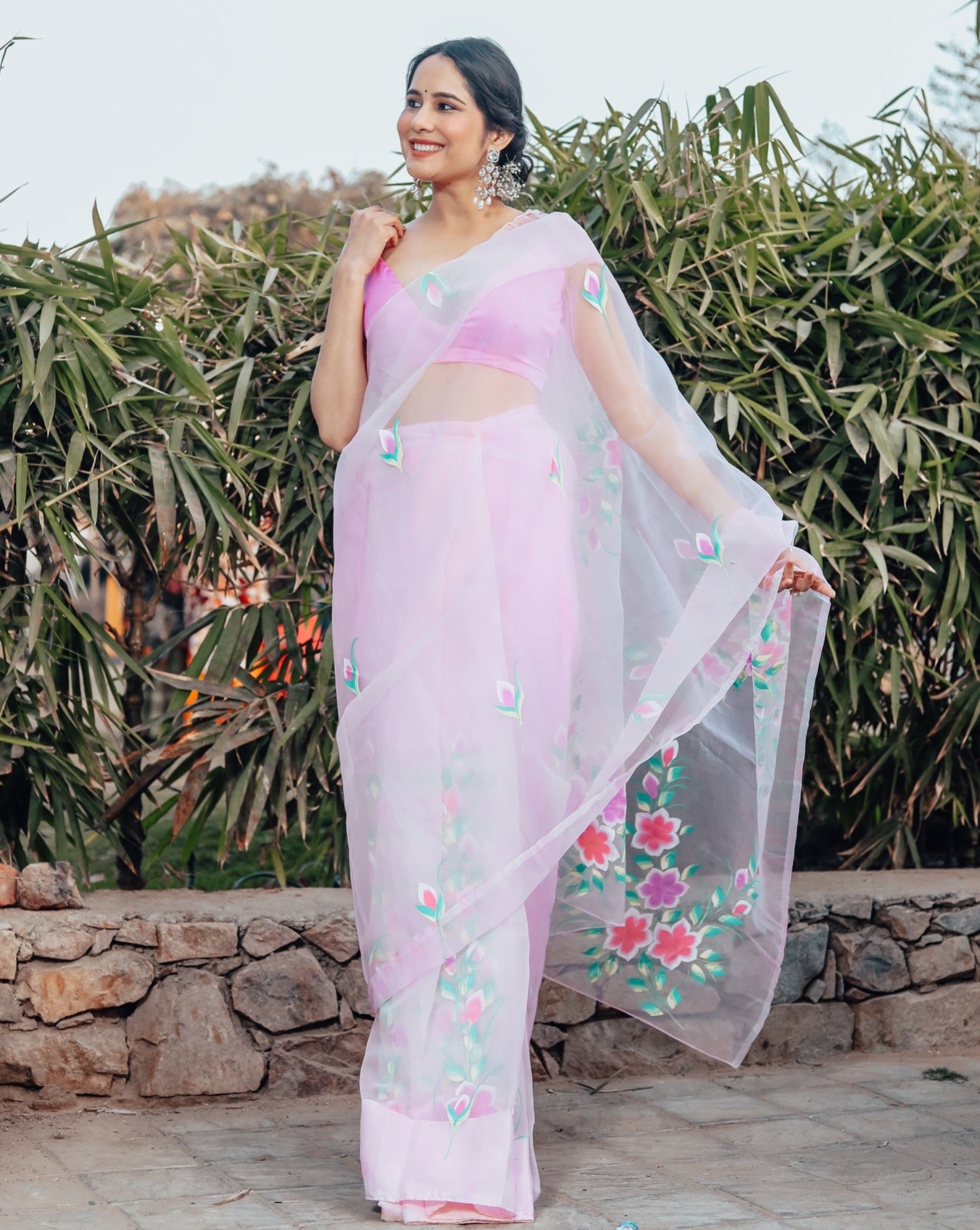 Eliana Pink Organza Handpainted Saree
