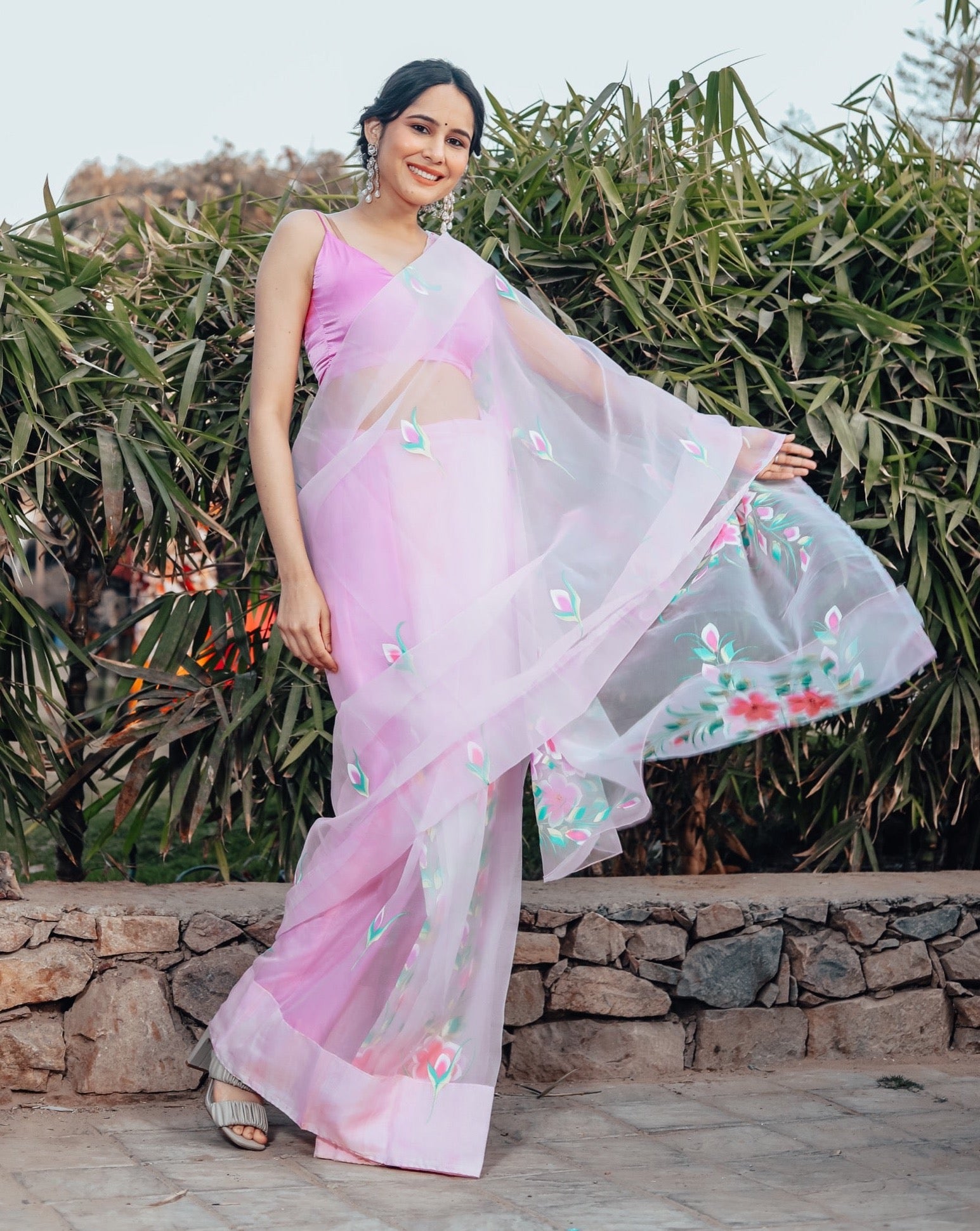 Eliana Pink Organza Handpainted Saree