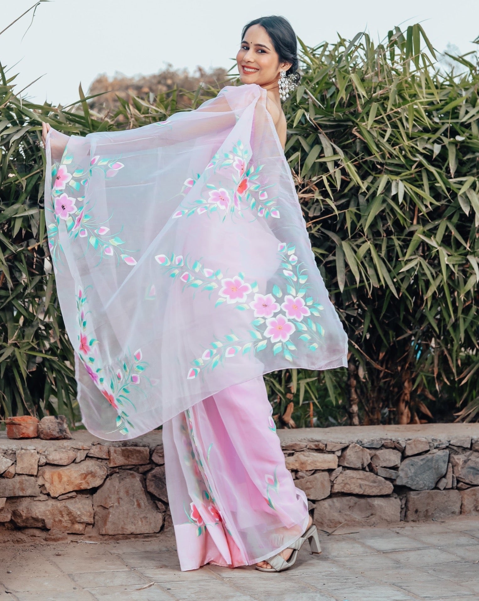 Eliana Pink Organza Handpainted Saree