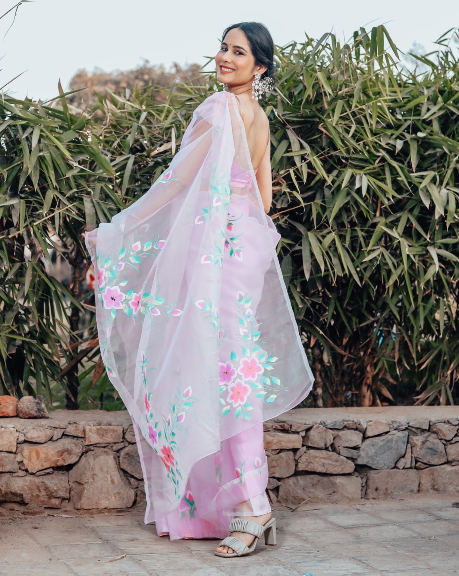 Eliana Pink Organza Handpainted Saree
