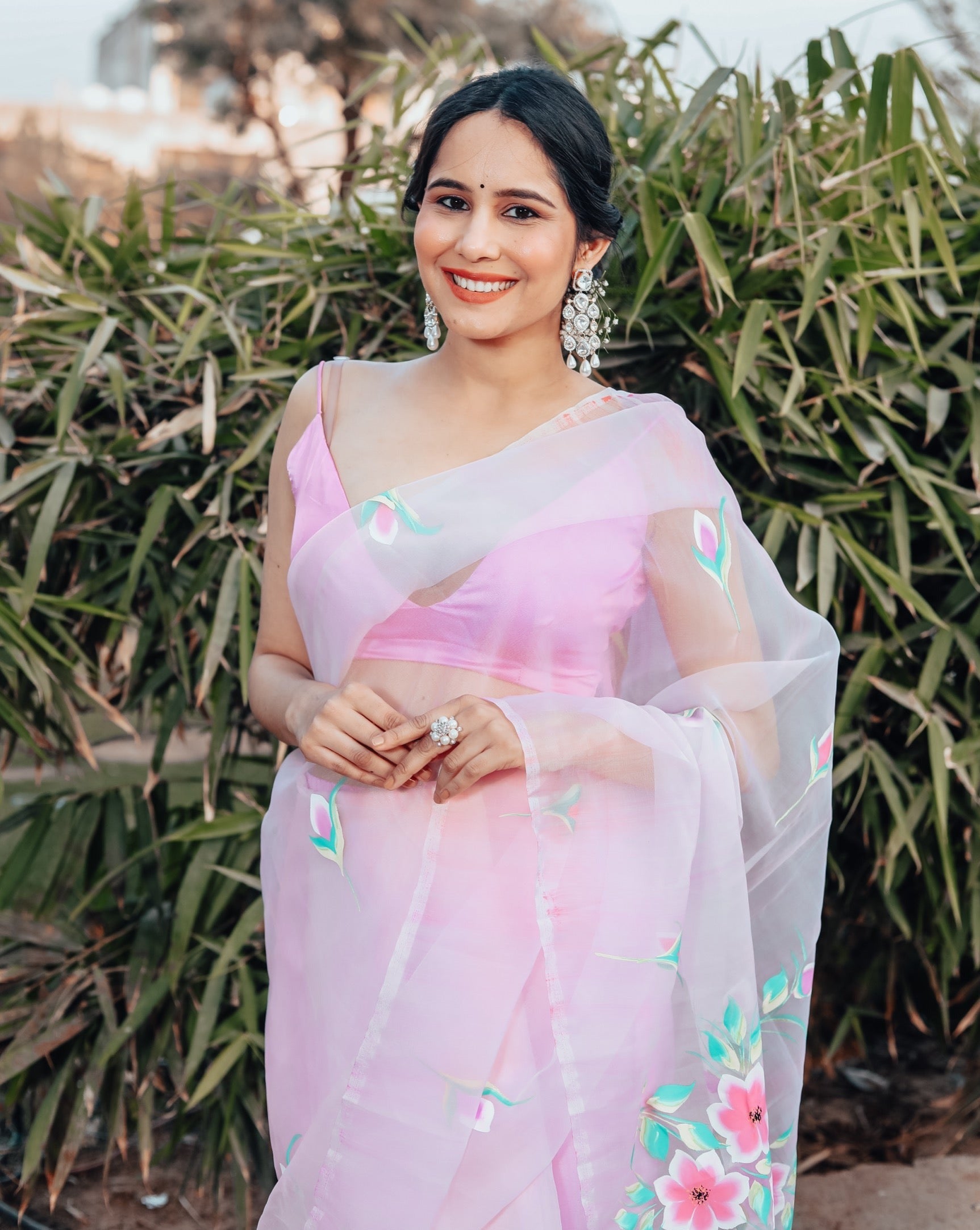 Eliana Pink Organza Handpainted Saree