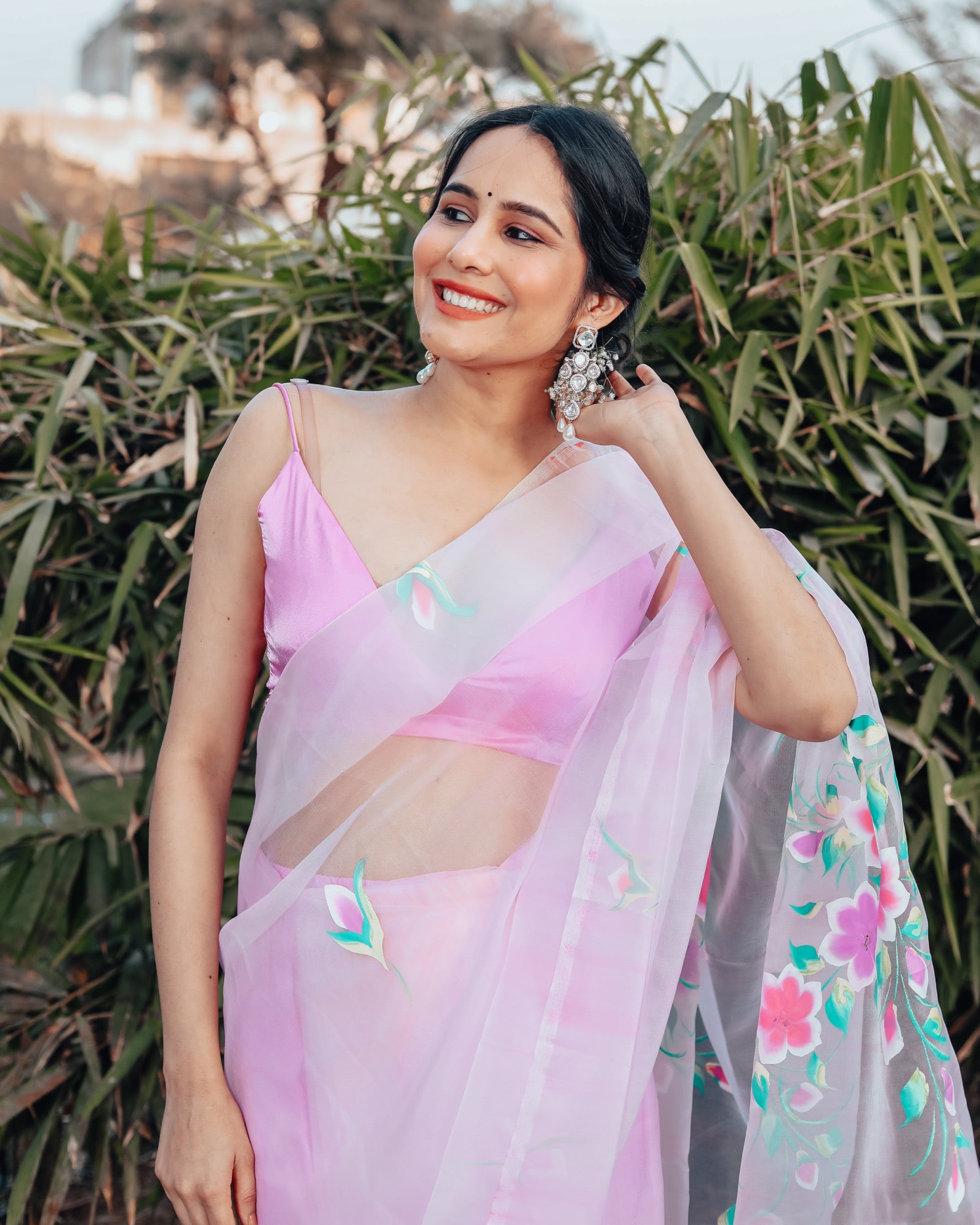 Eliana Pink Organza Handpainted Saree