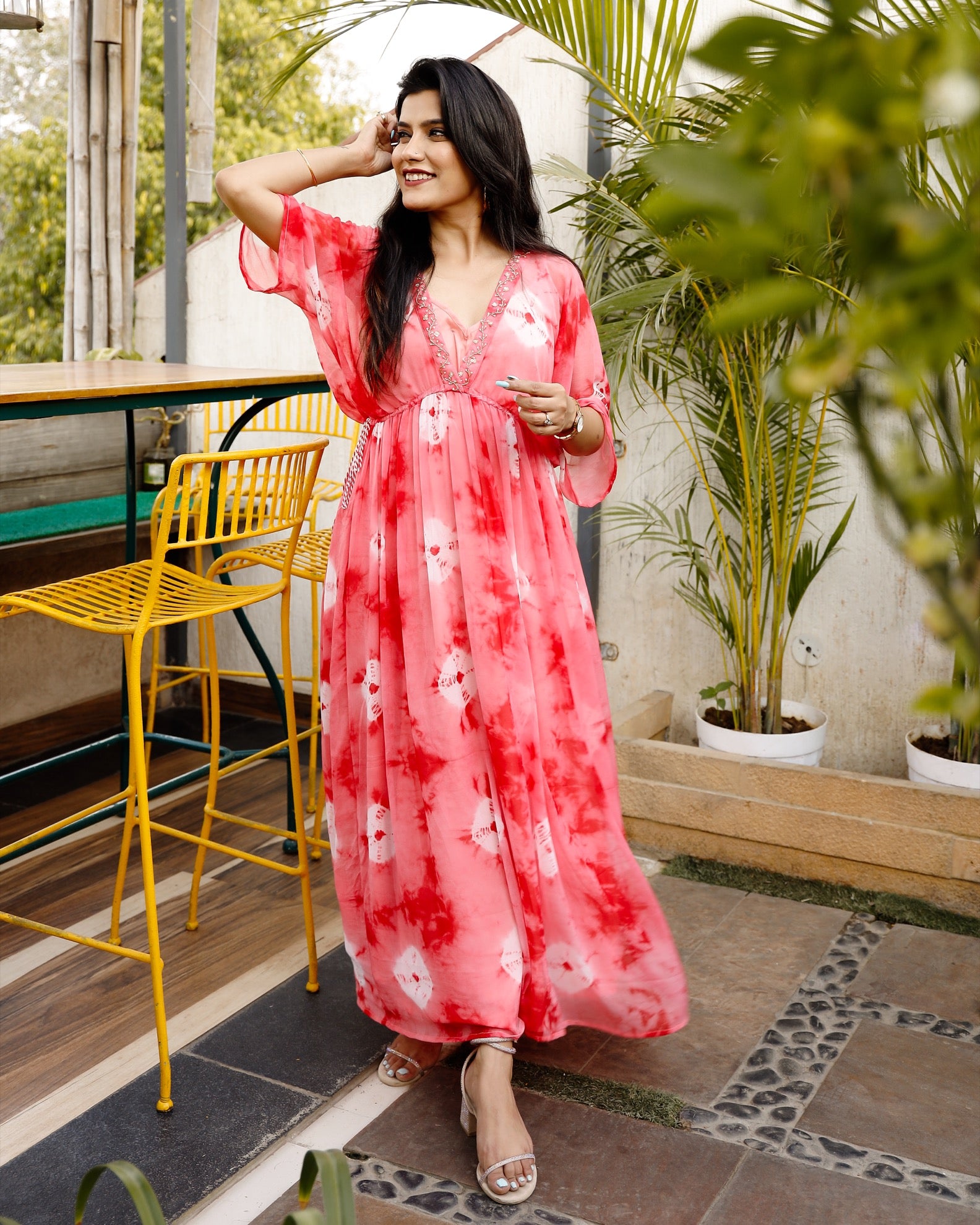 Coral Peach Tie Dye Kaftan Dress