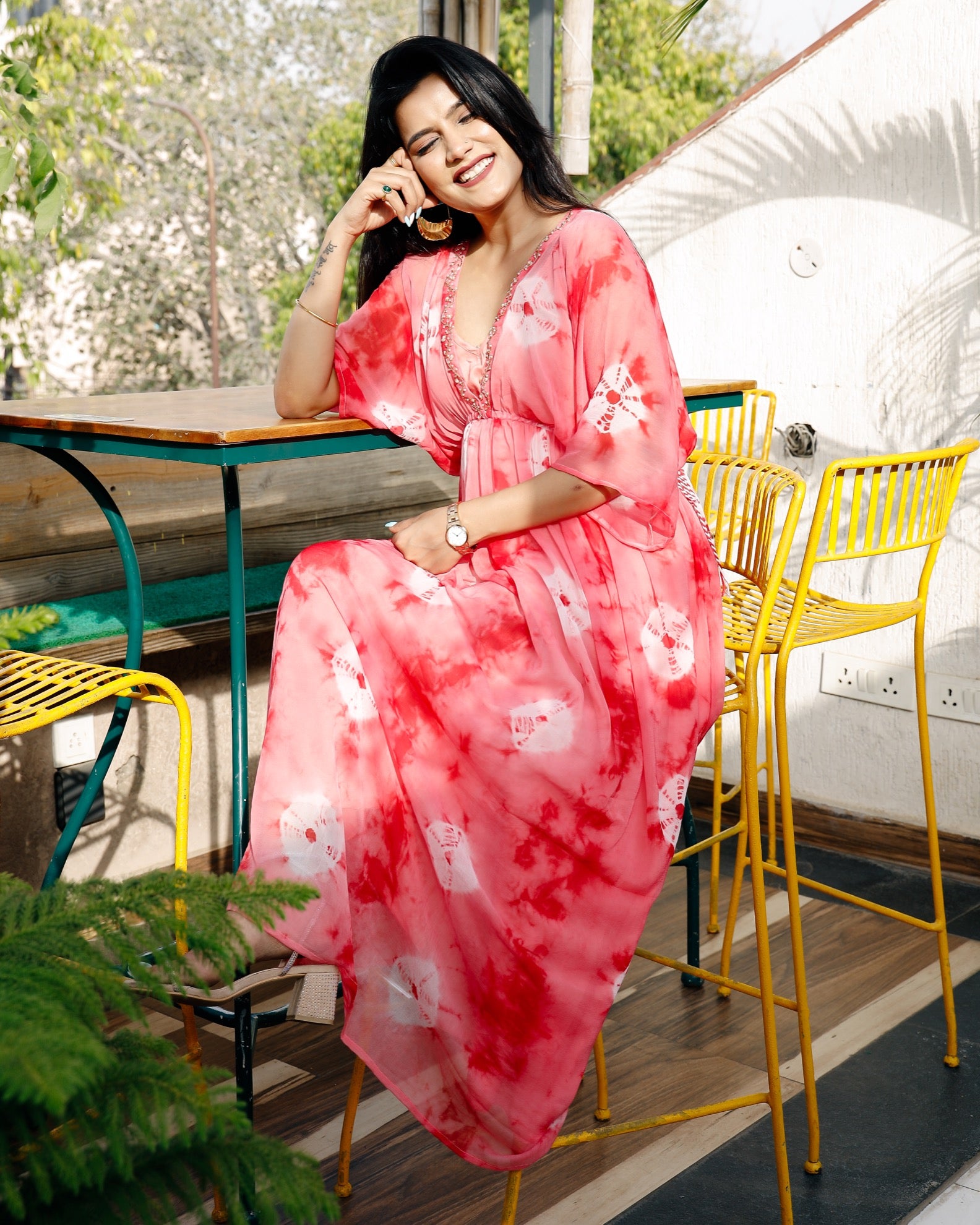 Coral Peach Tie Dye Kaftan Dress