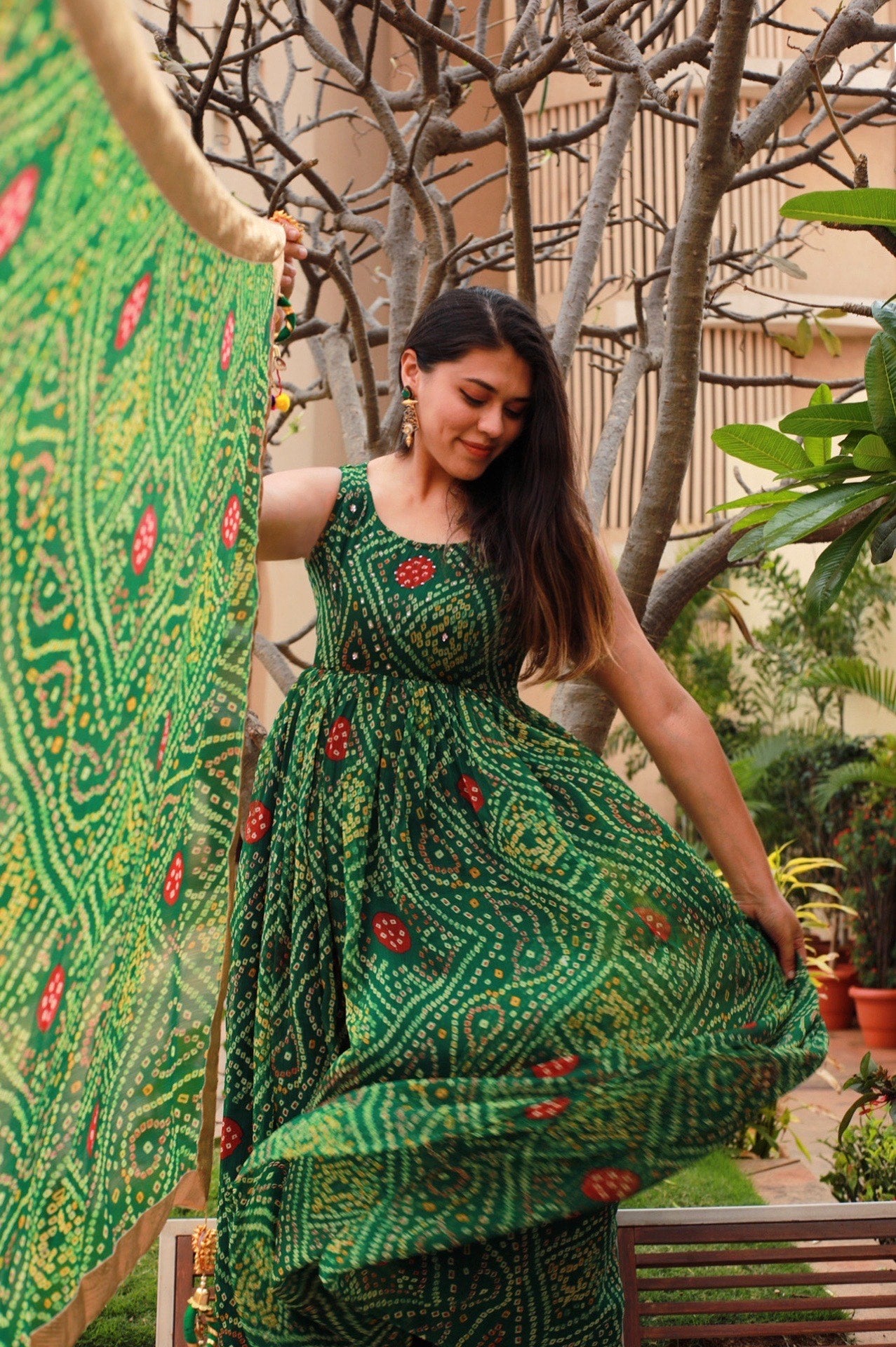 Garden Green Bandhej Dress With Dupatta