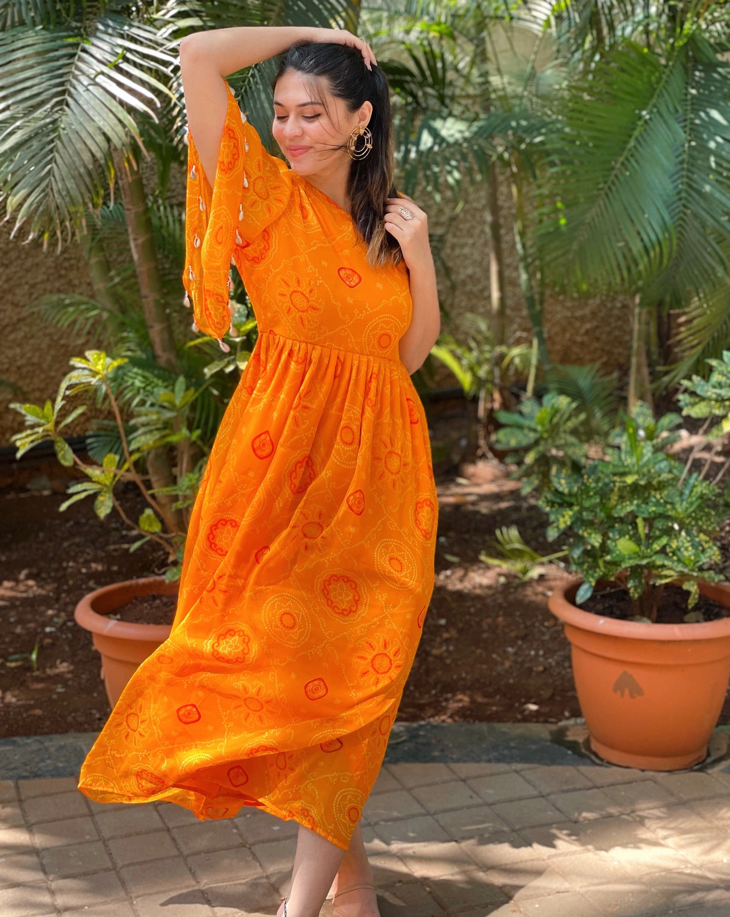 Orange Bandhani One Shoulder Dress