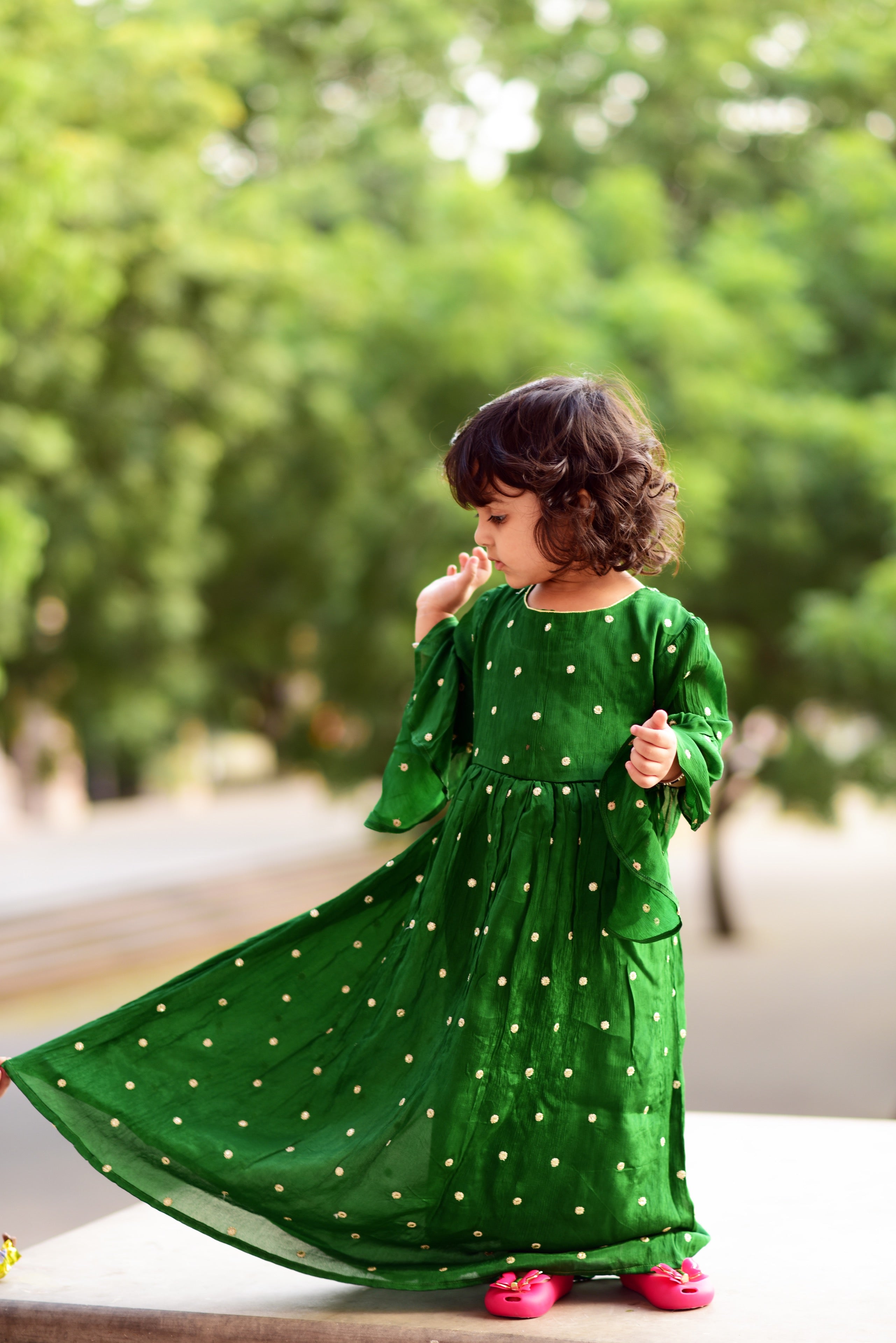 Handwork Dotted Gown With Bell Sleeves