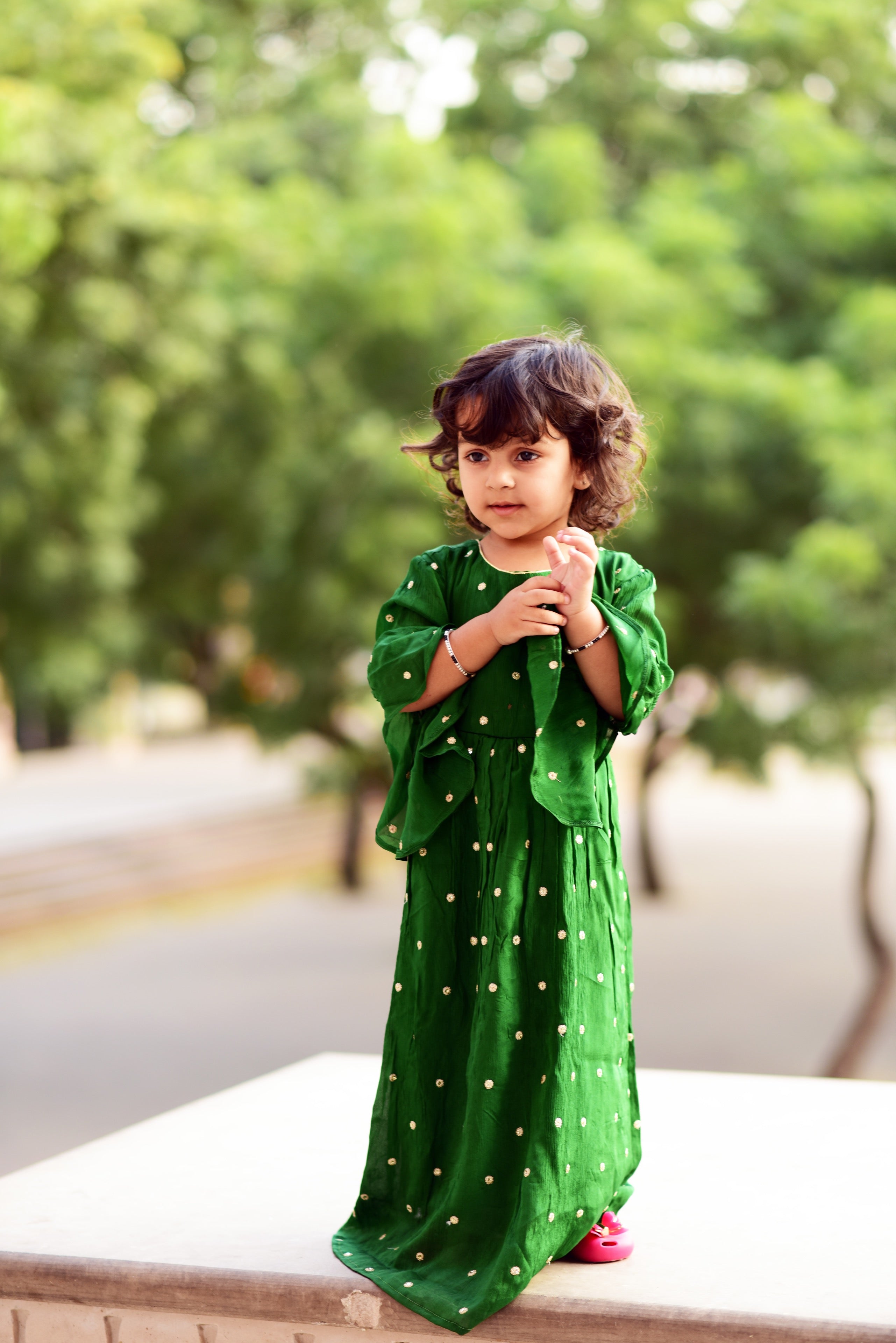 Handwork Dotted Gown With Bell Sleeves