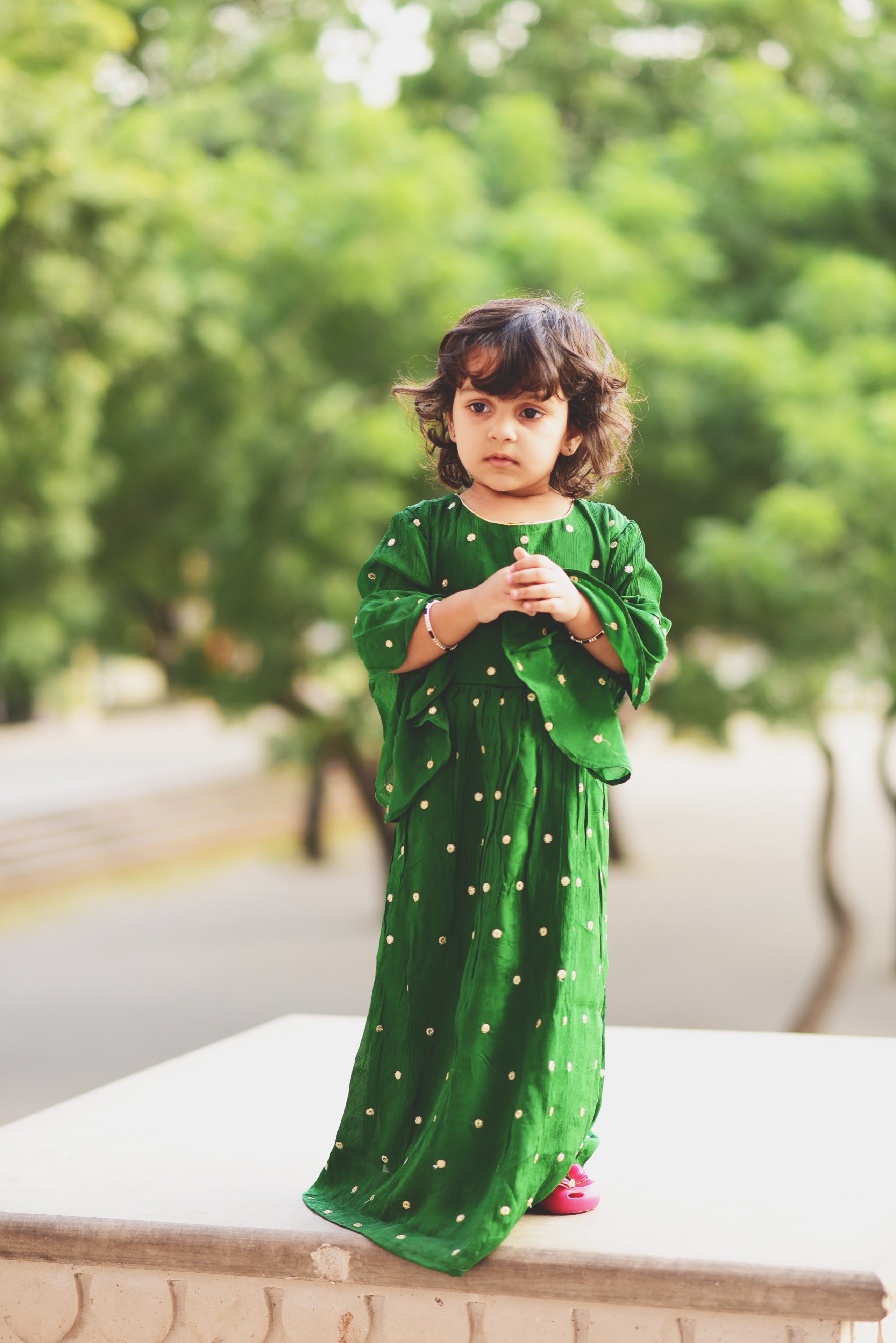 Handwork Dotted Gown With Bell Sleeves