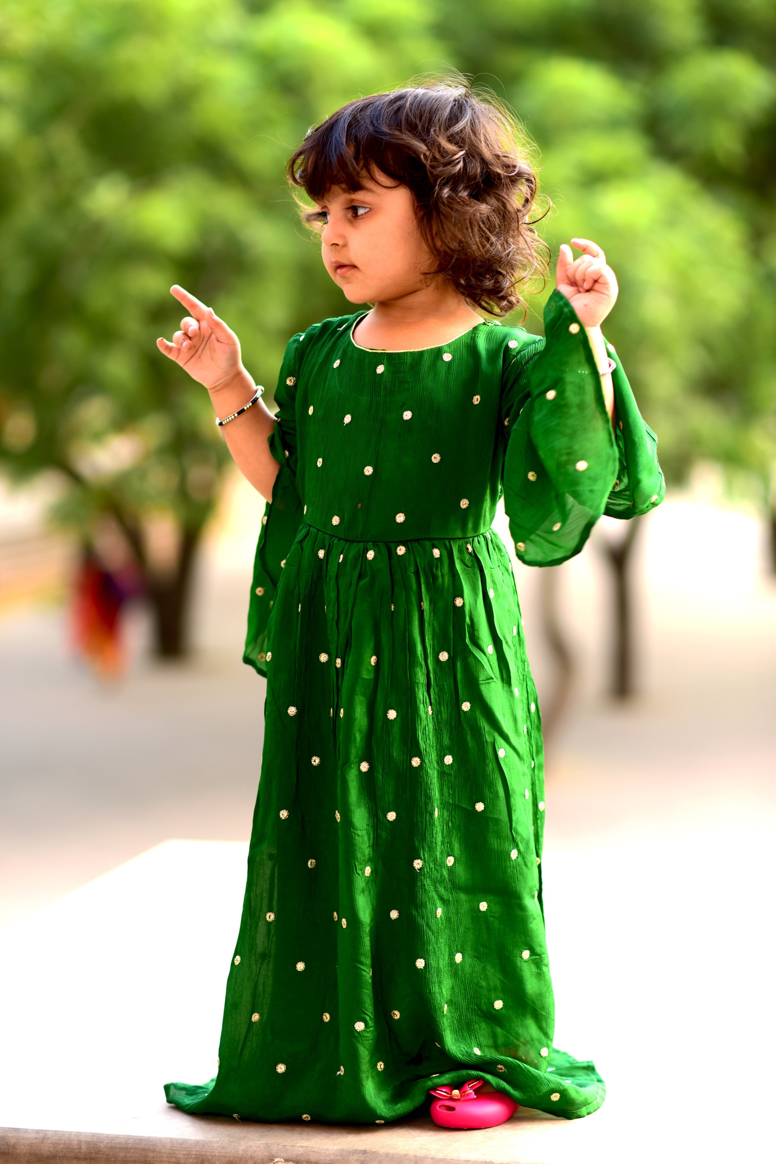 Handwork Dotted Gown With Bell Sleeves