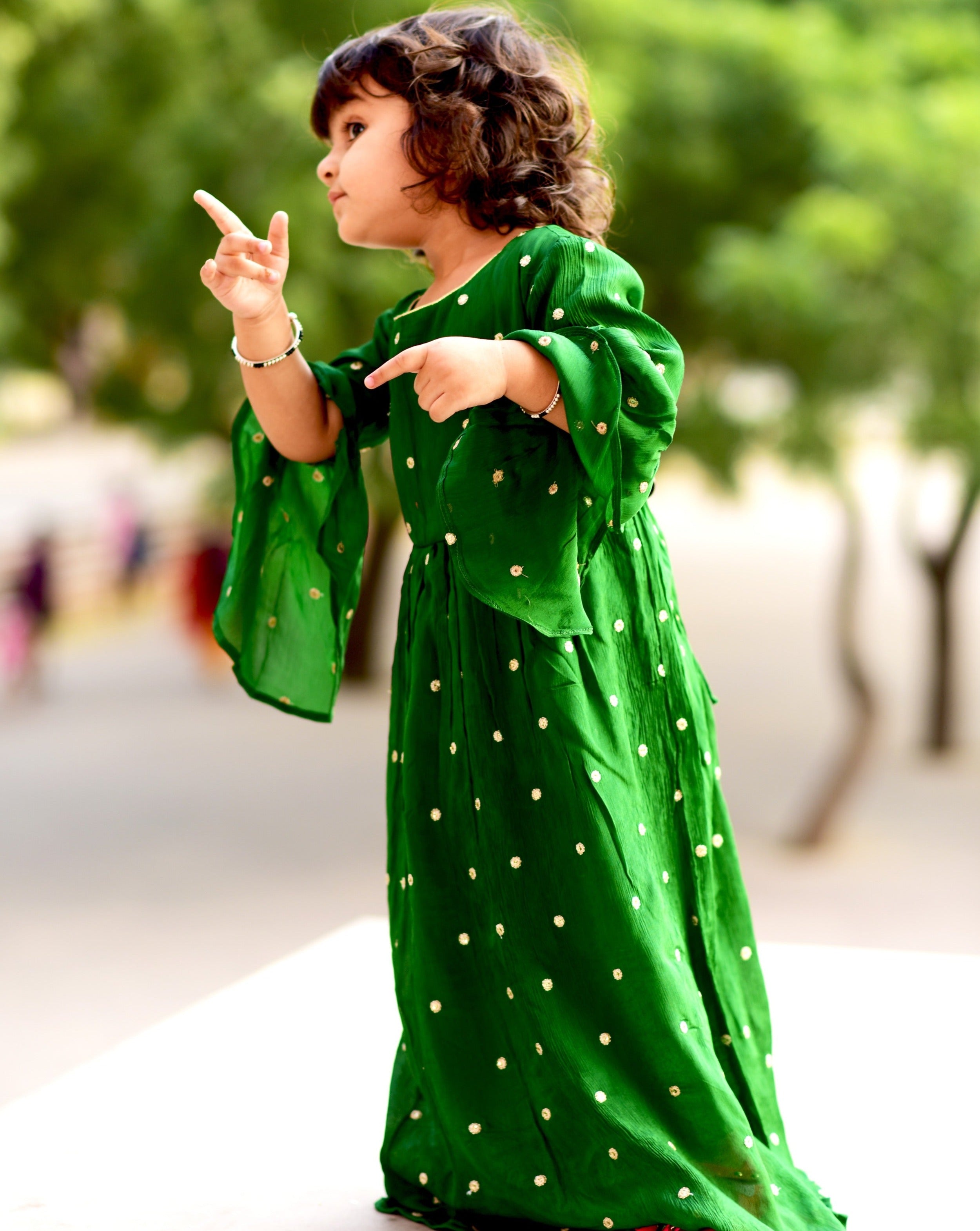 Handwork Dotted Gown With Bell Sleeves