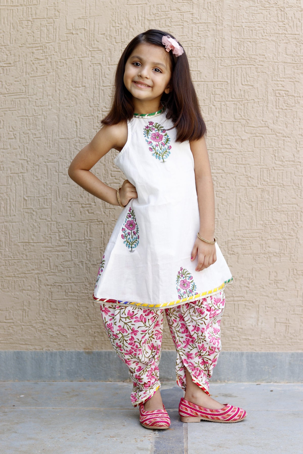 White butta pink dhoti set
