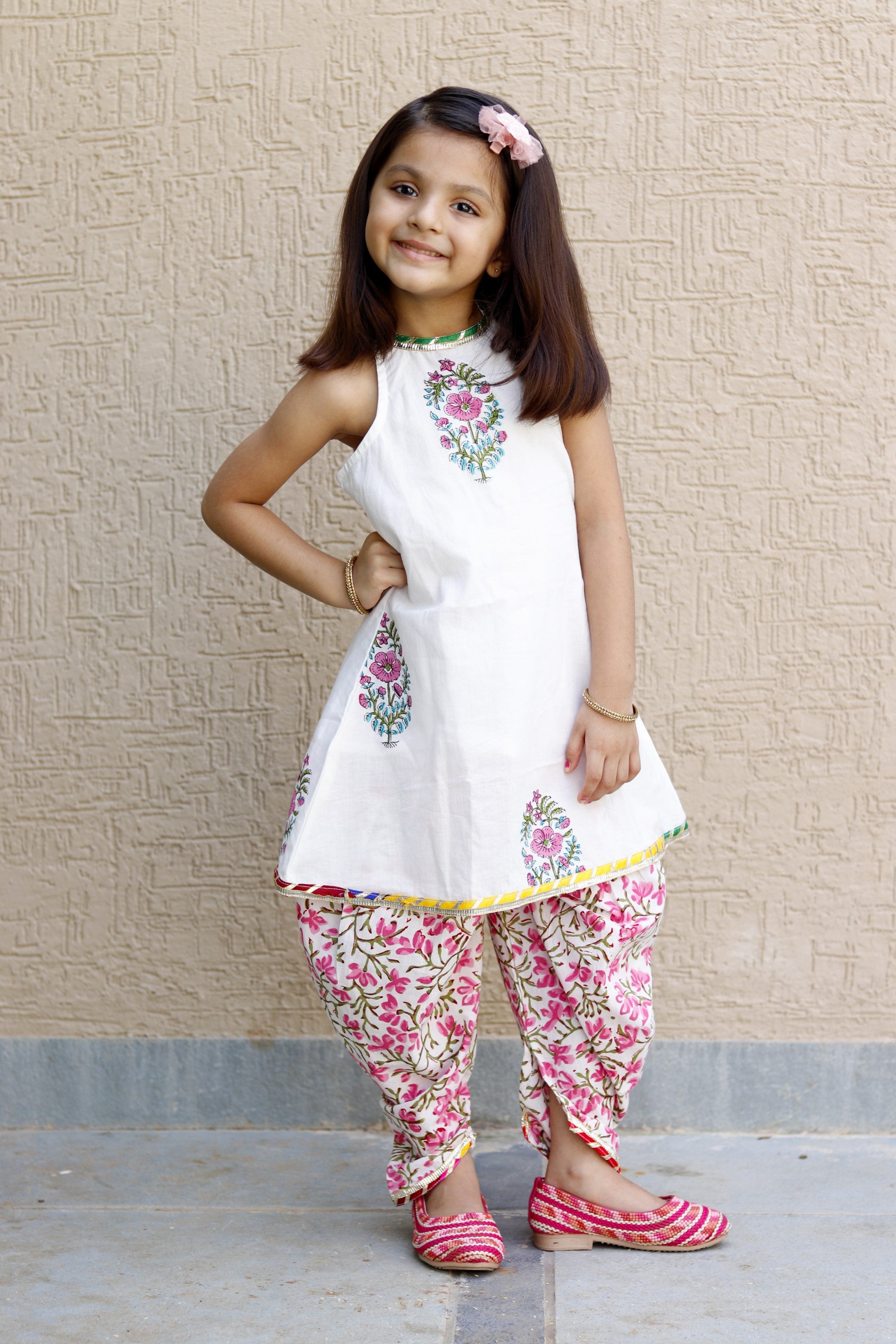 White butta pink dhoti set