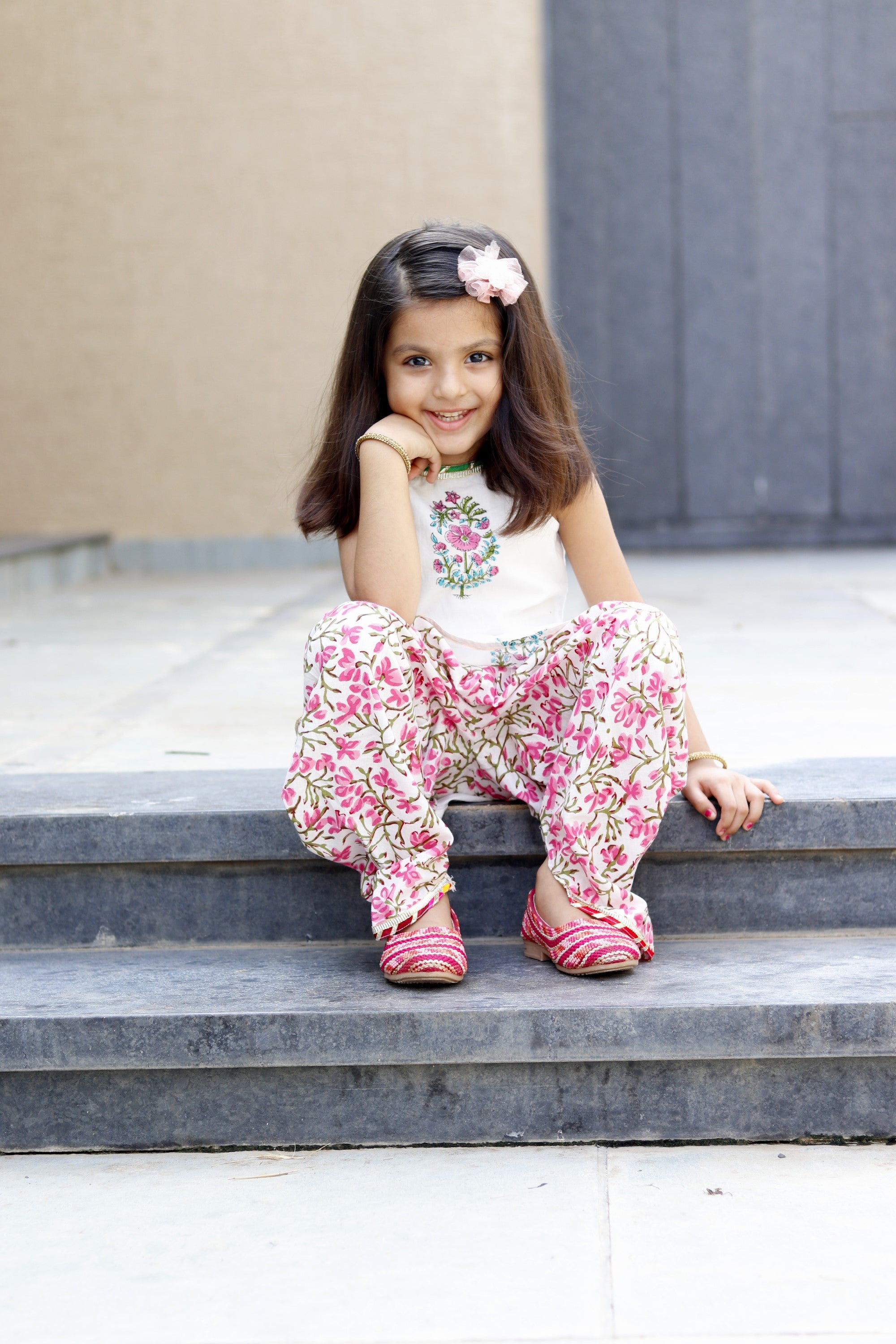 White butta pink dhoti set