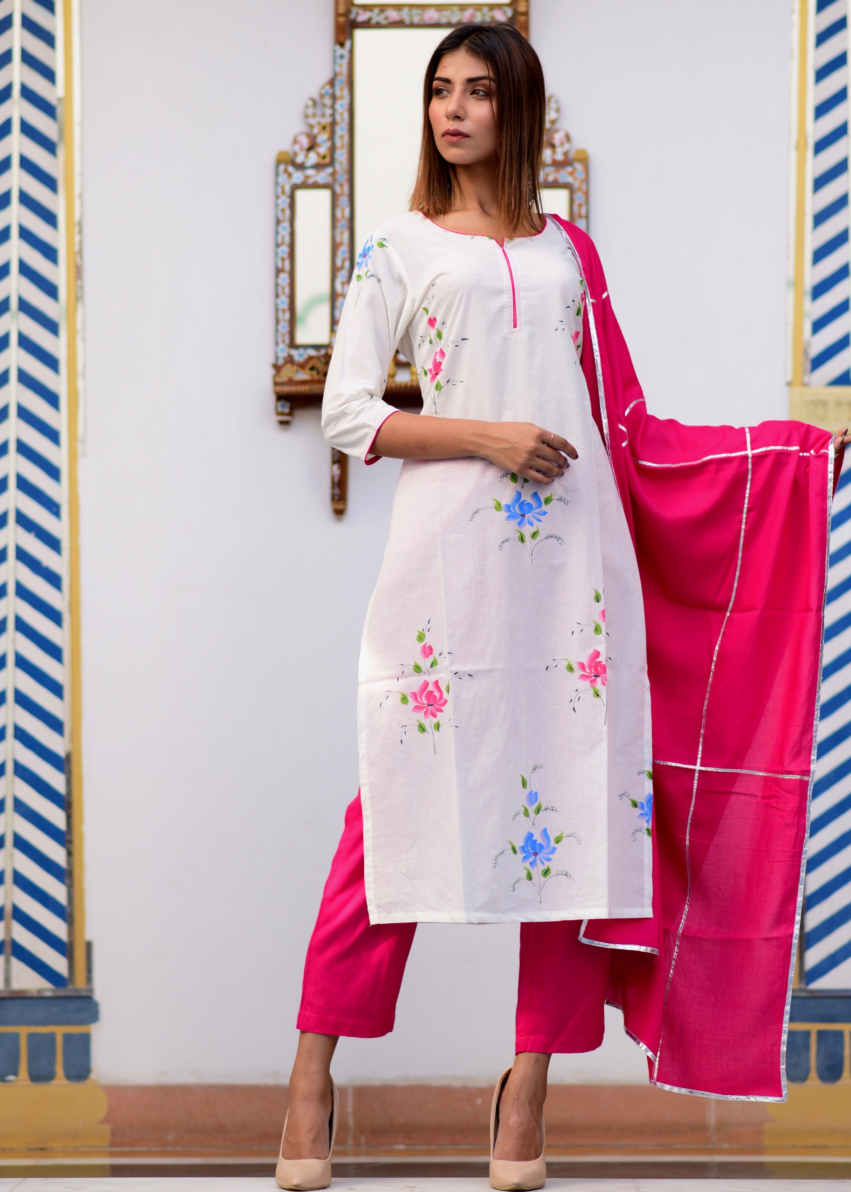 Beautiful Pink Exclusively Handpainted Suit Set With Gotta Jaal Work Dupatta