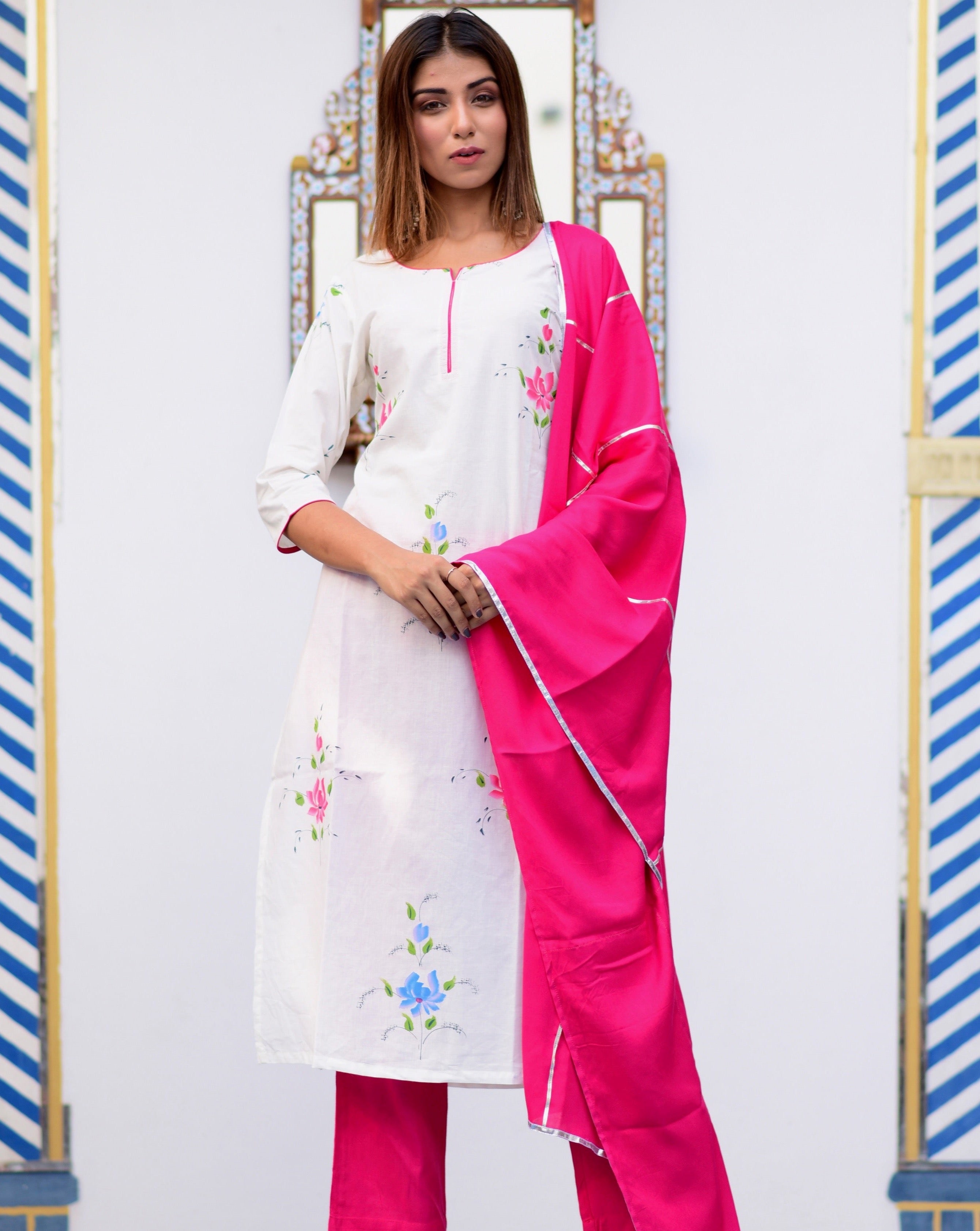 Beautiful Pink Exclusively Handpainted Suit Set With Gotta Jaal Work Dupatta